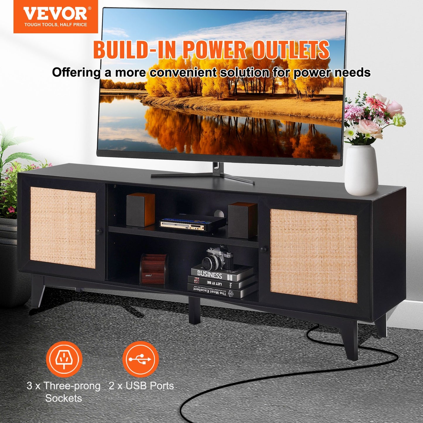 Rattan TV-ställ för 75" TV Boho TV-ställ med inbyggt uttag Svart