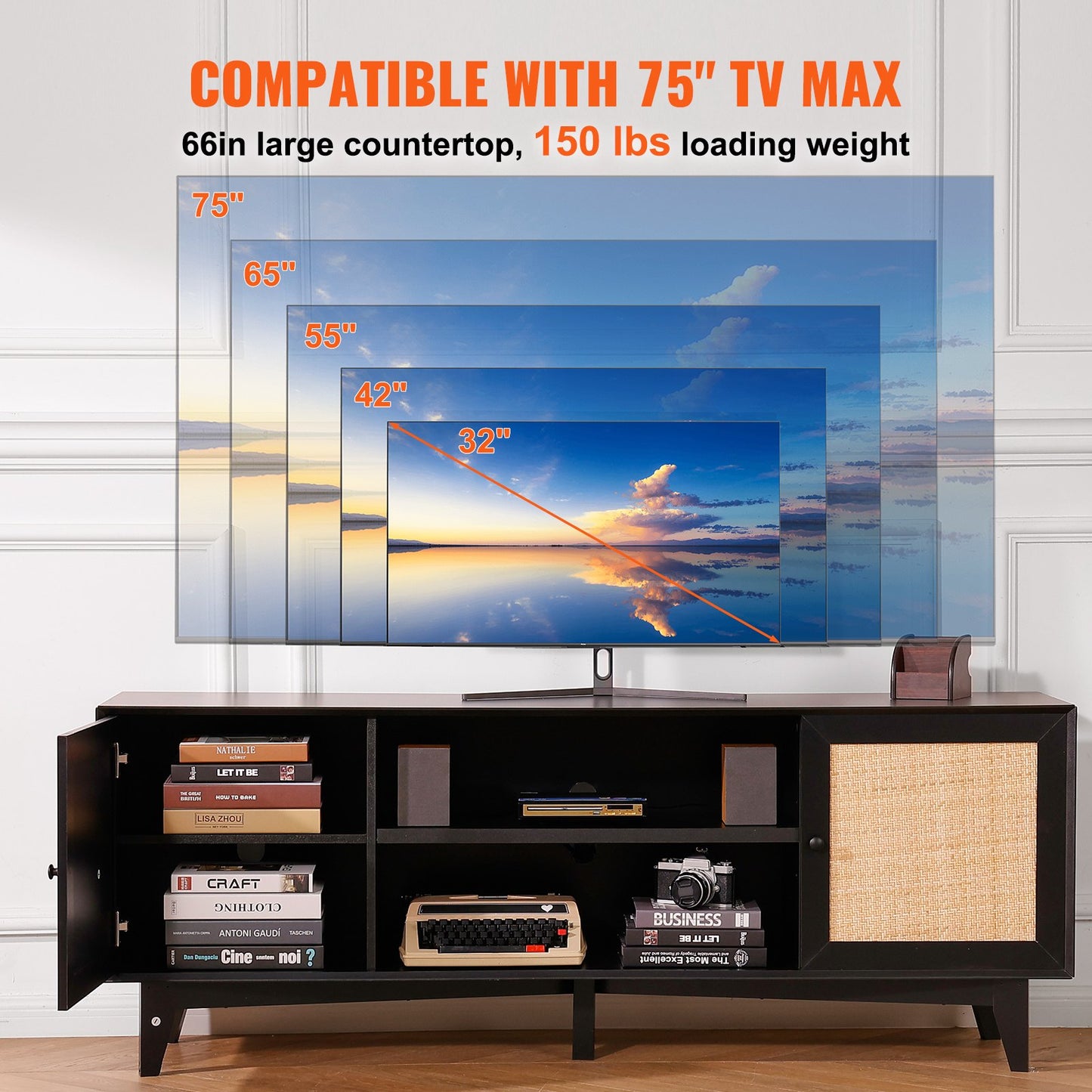 Rattan TV-ställ för 75" TV Boho TV-ställ med inbyggt uttag Svart