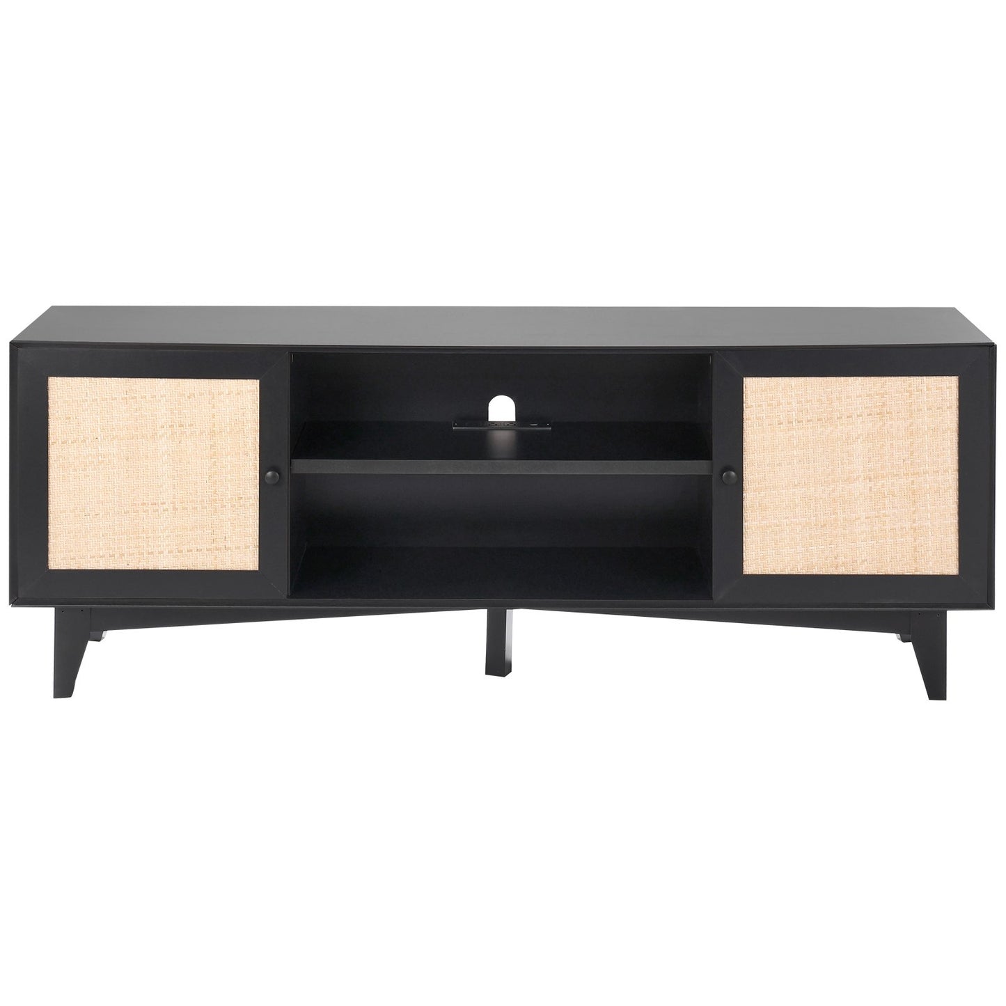 Rattan TV-ställ för 75" TV Boho TV-ställ med inbyggt uttag Svart