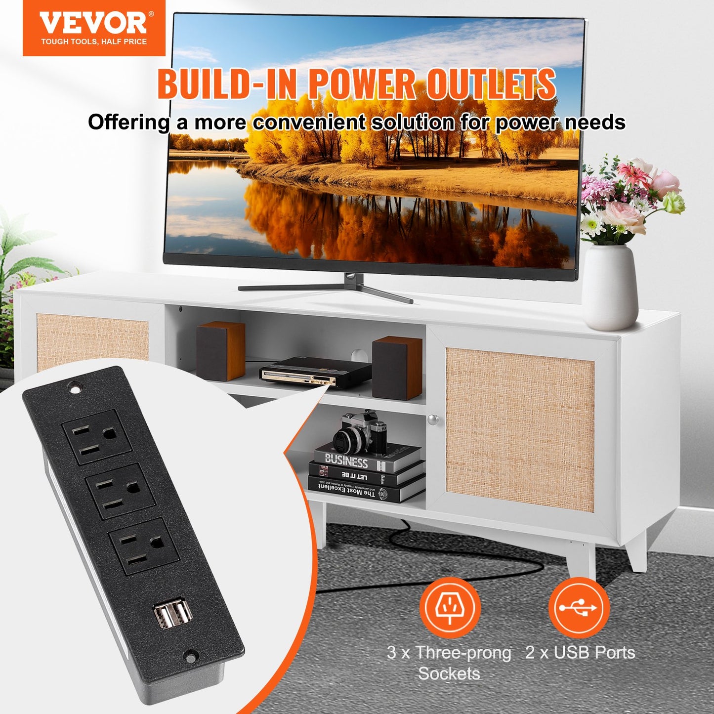 Rattan-TV-Ständer 191cm Fernseher Boho-TV-Schrank Weiß Fernsehschrank