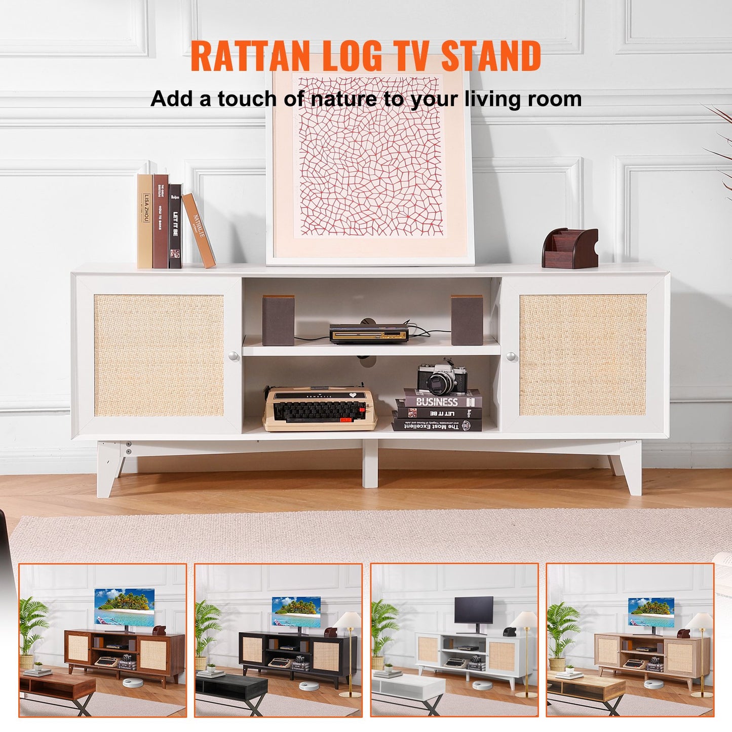 Rattan-TV-Ständer 191cm Fernseher Boho-TV-Schrank Weiß Fernsehschrank