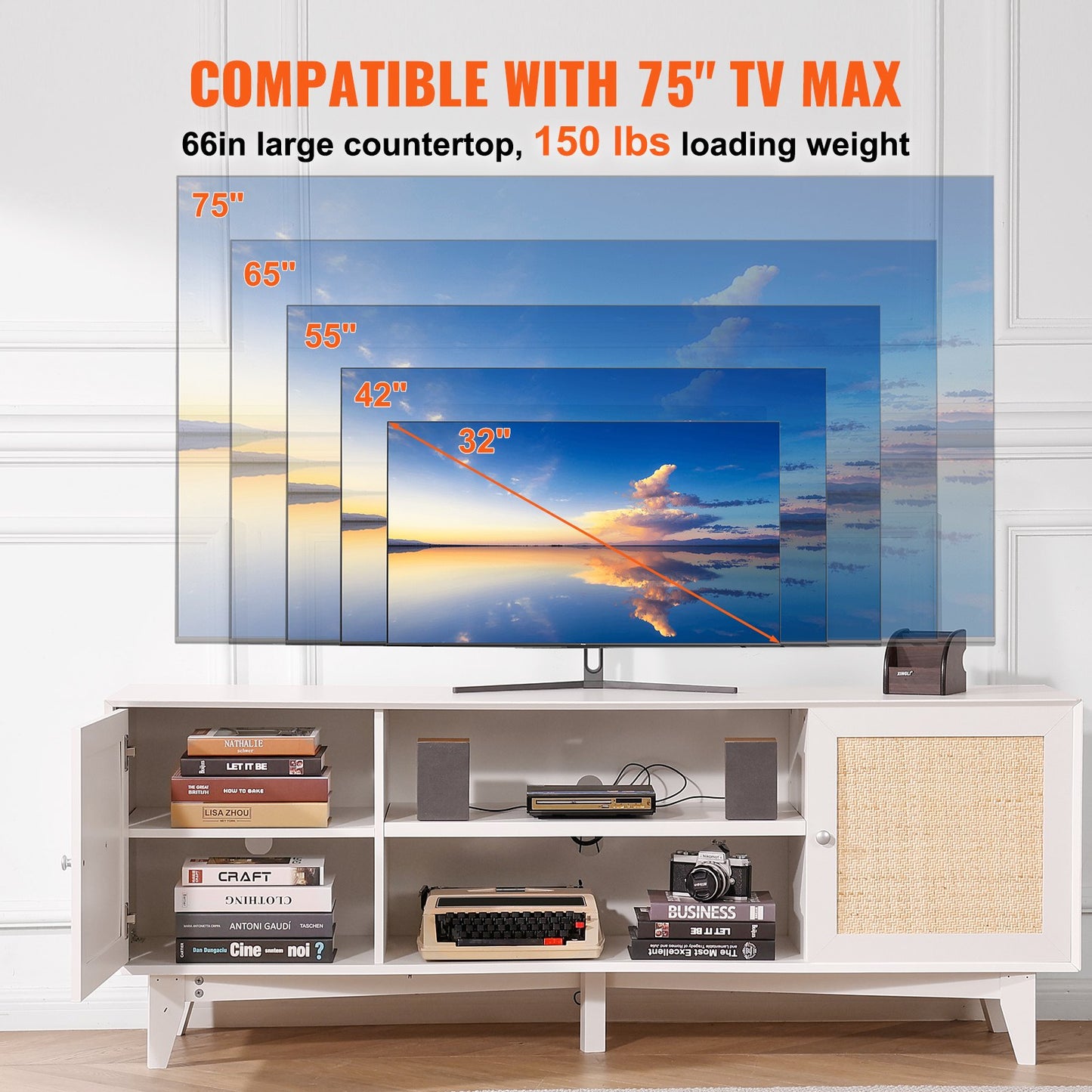 Rattan-TV-Ständer 191cm Fernseher Boho-TV-Schrank Weiß Fernsehschrank