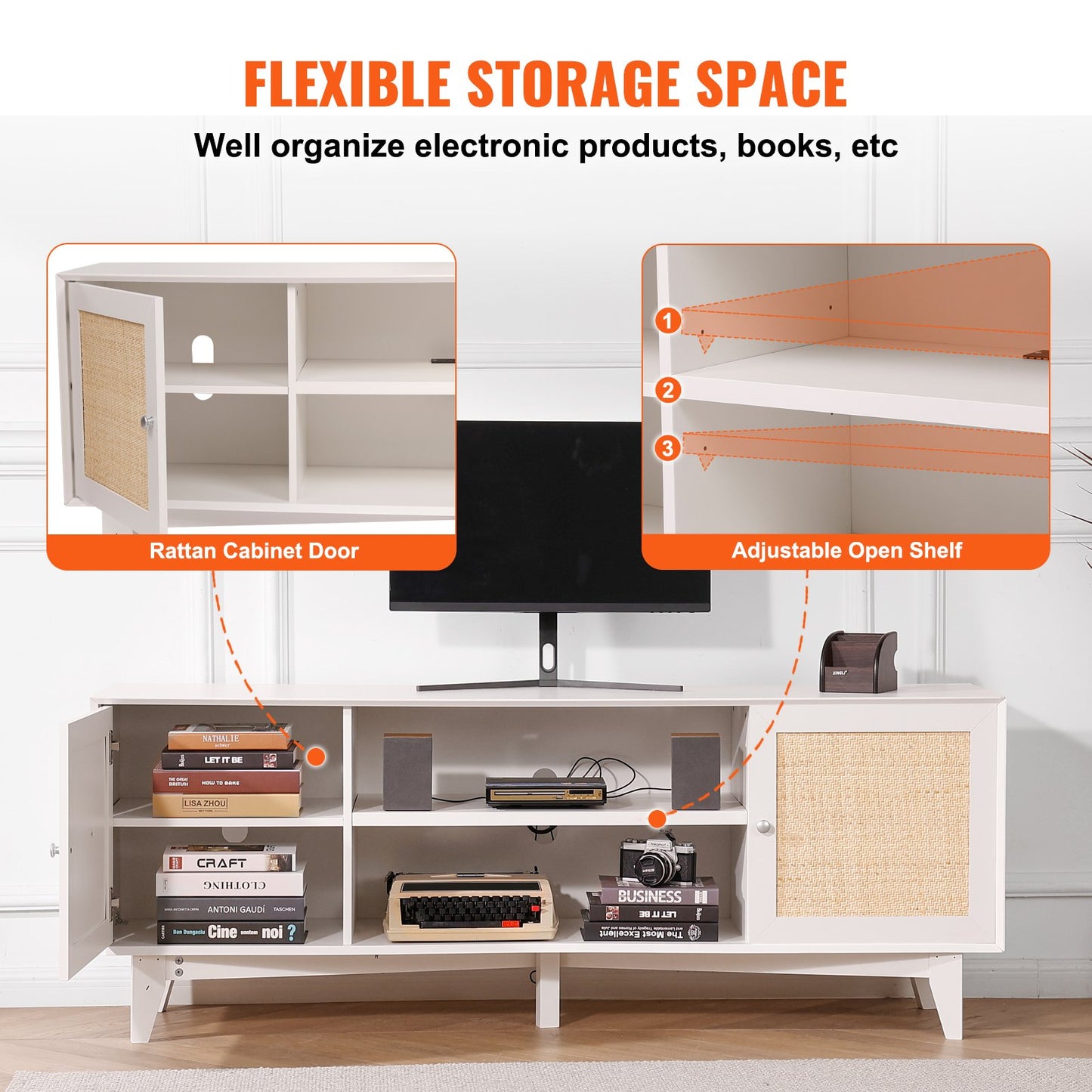 Rattan-TV-Ständer 191cm Fernseher Boho-TV-Schrank Weiß Fernsehschrank