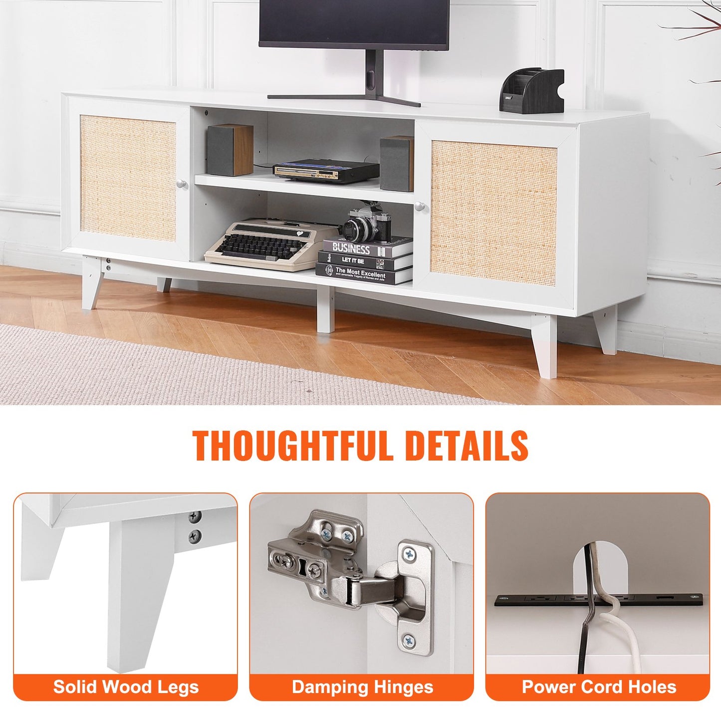 Rattan-TV-Ständer 191cm Fernseher Boho-TV-Schrank Weiß Fernsehschrank