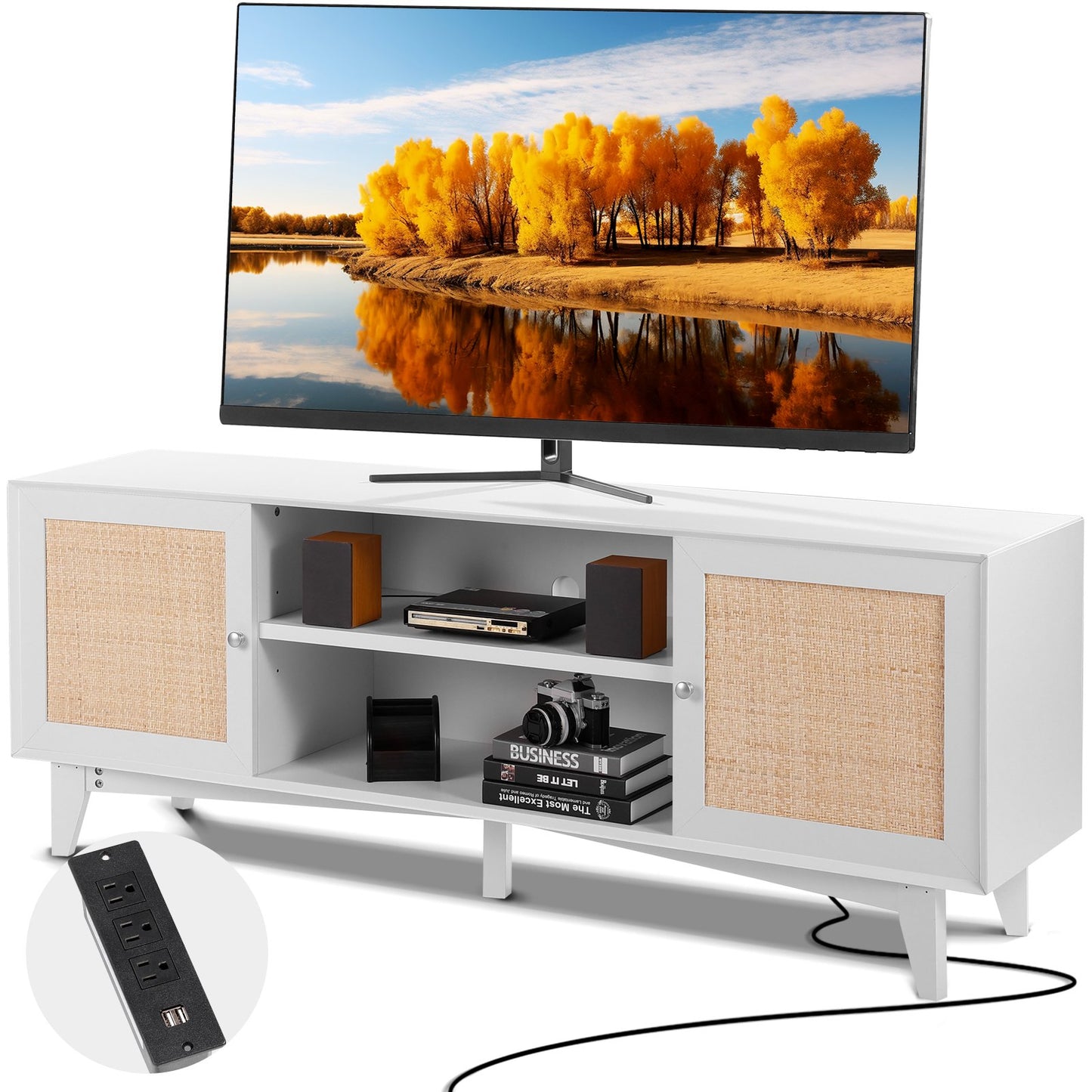 Rattan-TV-Ständer 191cm Fernseher Boho-TV-Schrank Weiß Fernsehschrank