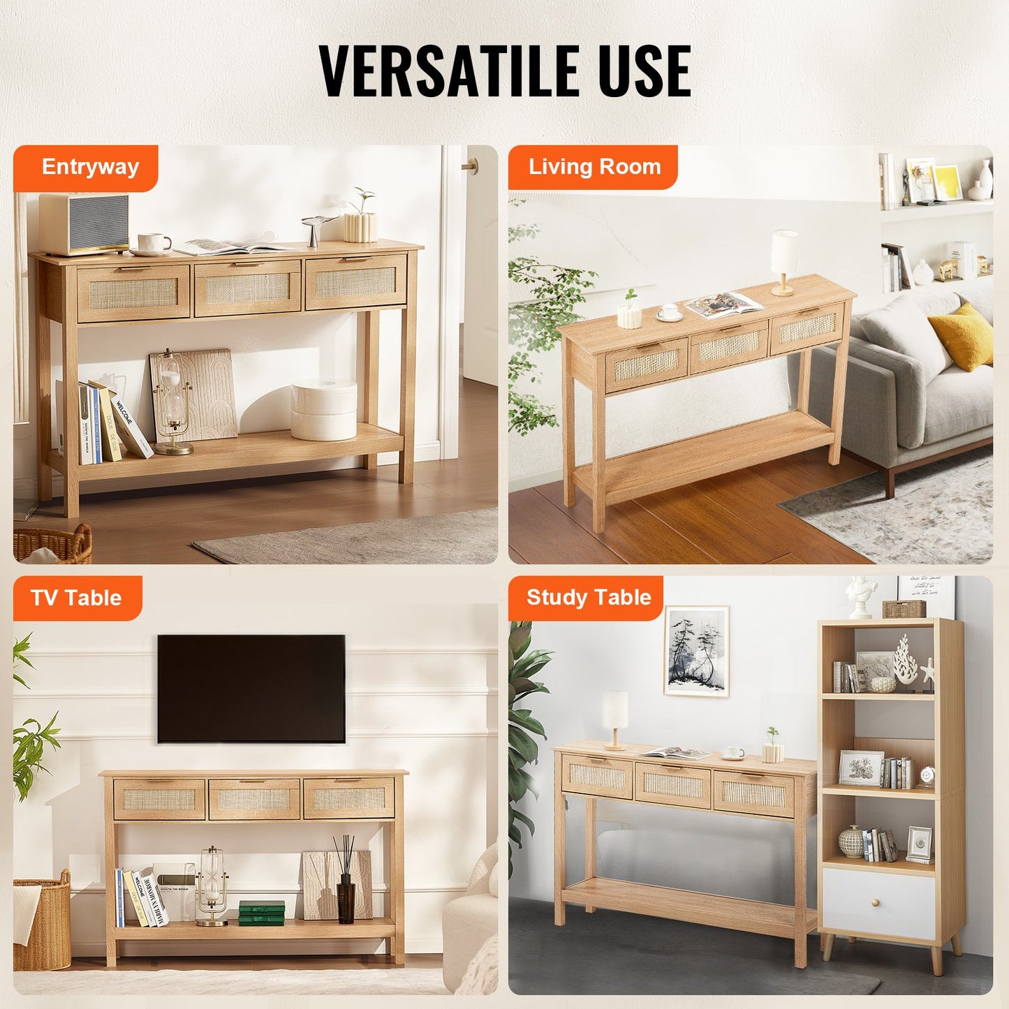 Rotting konsolbord med 3 förvaringslådor Rotting skjutdörr Natural