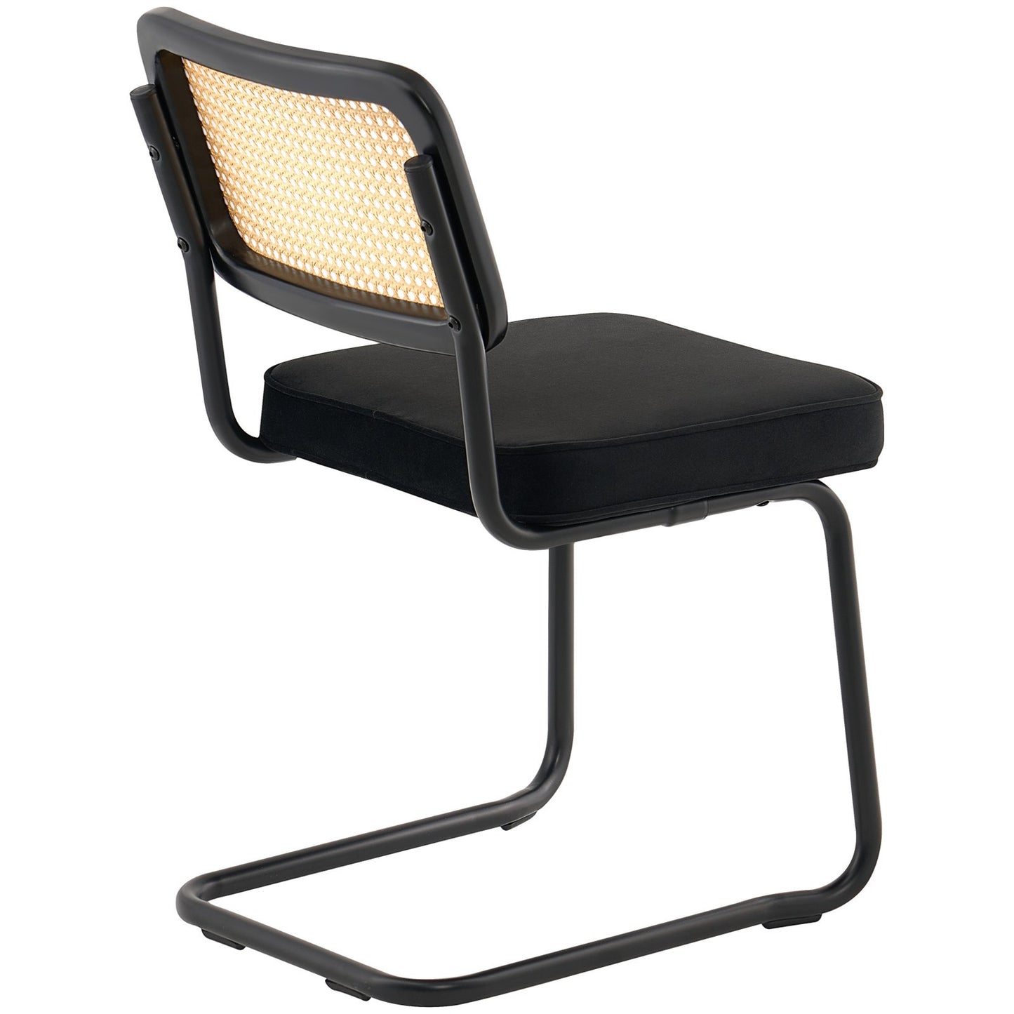 Rattan Chairs, Set of 2, Mid-Century Modern Dining Chair, Upholstered Velvet Chair with Rattan Back, Retro Dining Kitchen Chair for Living Room, Bedroom, Reading Room, Office, Black