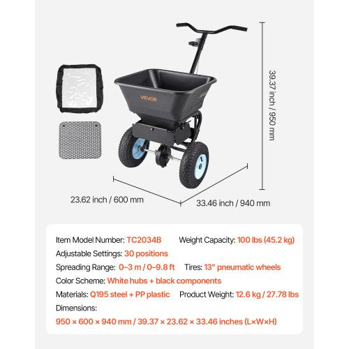 Walk-behind push spreader 100LB Capacity 0-9.8ft Spreading width