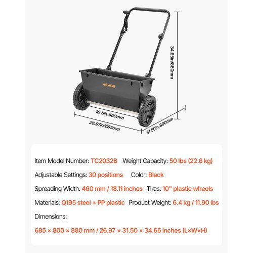 Walk-behind push spreader 50 kg Capacity 18 inch Spreading width