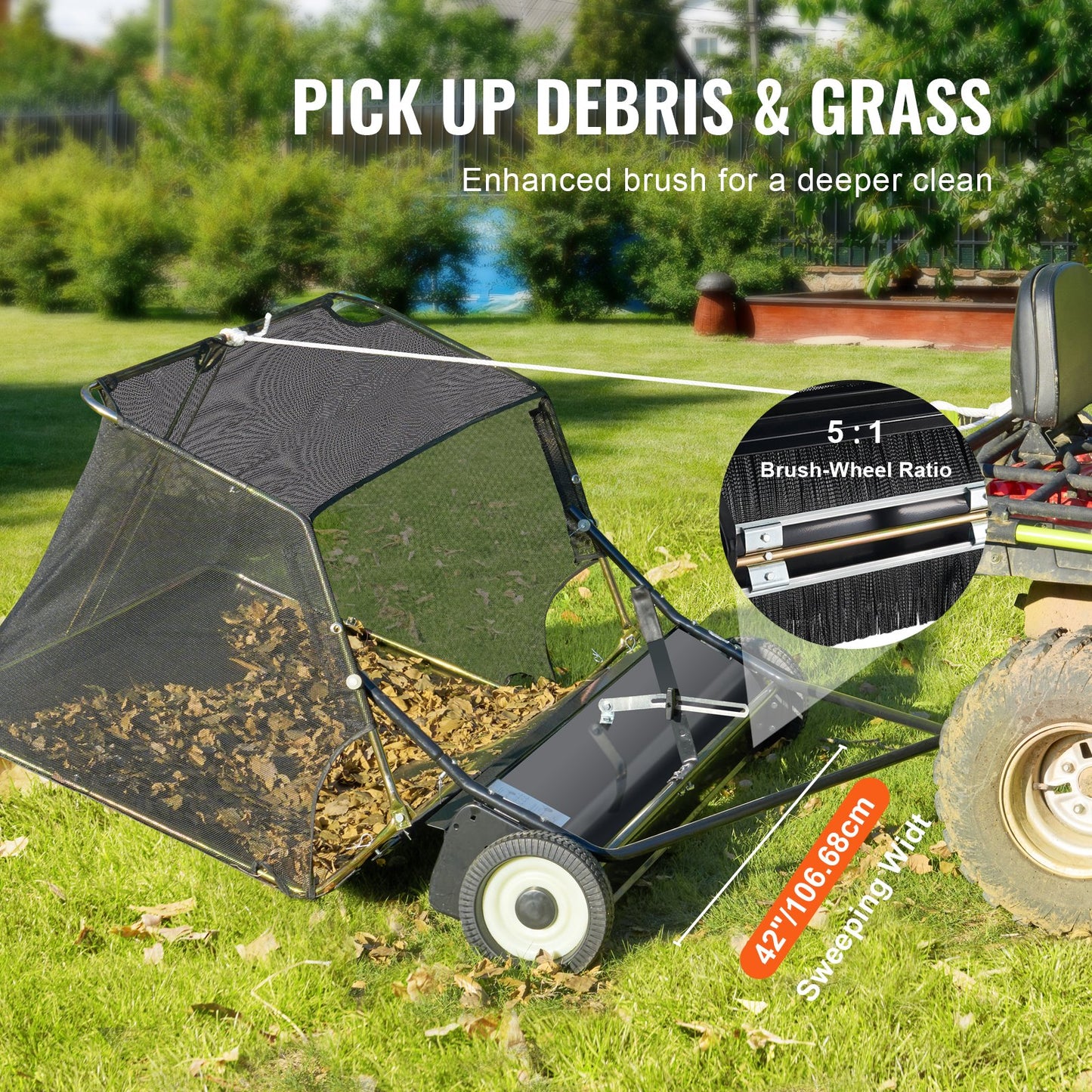 Tow-Behind Lawn Sweeper 42-inch Leaf Yard Collector 12 cu.ft. Adjustable