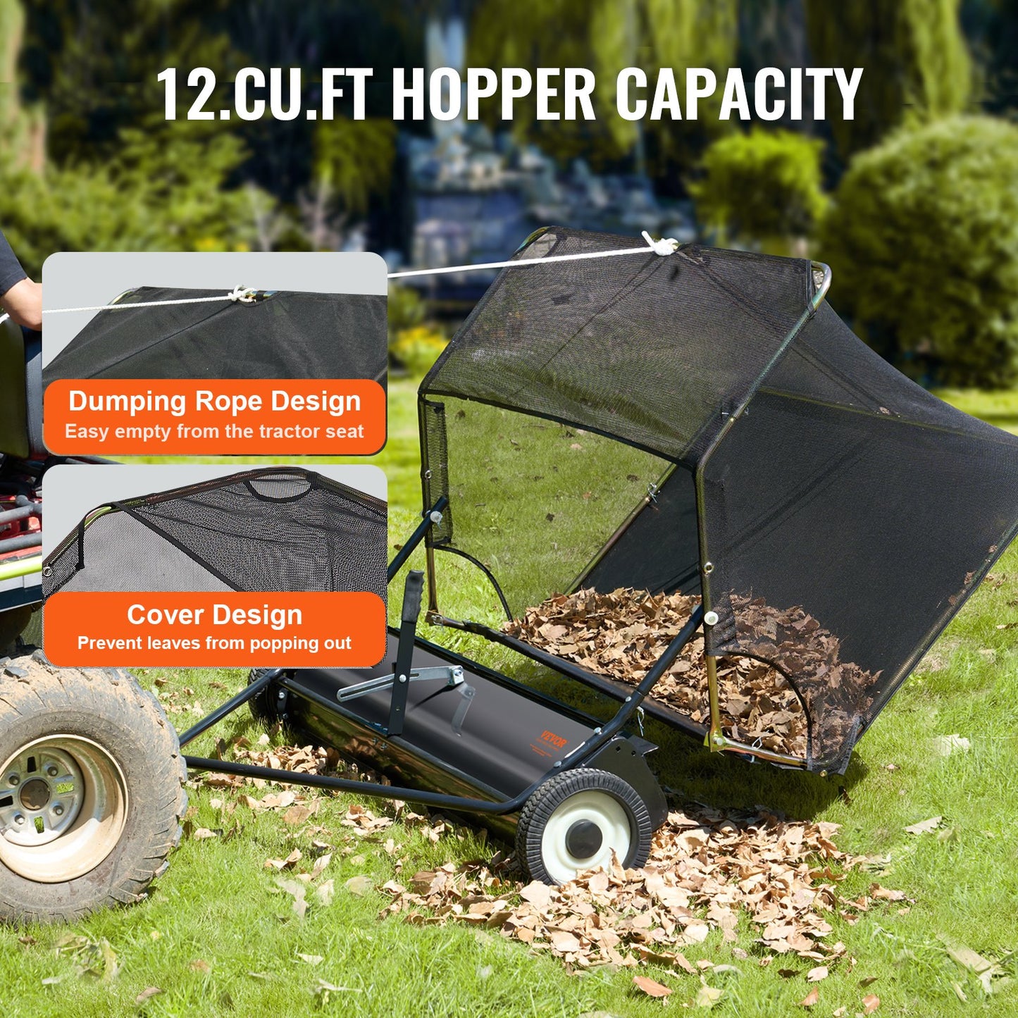Tow-Behind Lawn Sweeper 42-inch Leaf Yard Collector 12 cu.ft. Adjustable