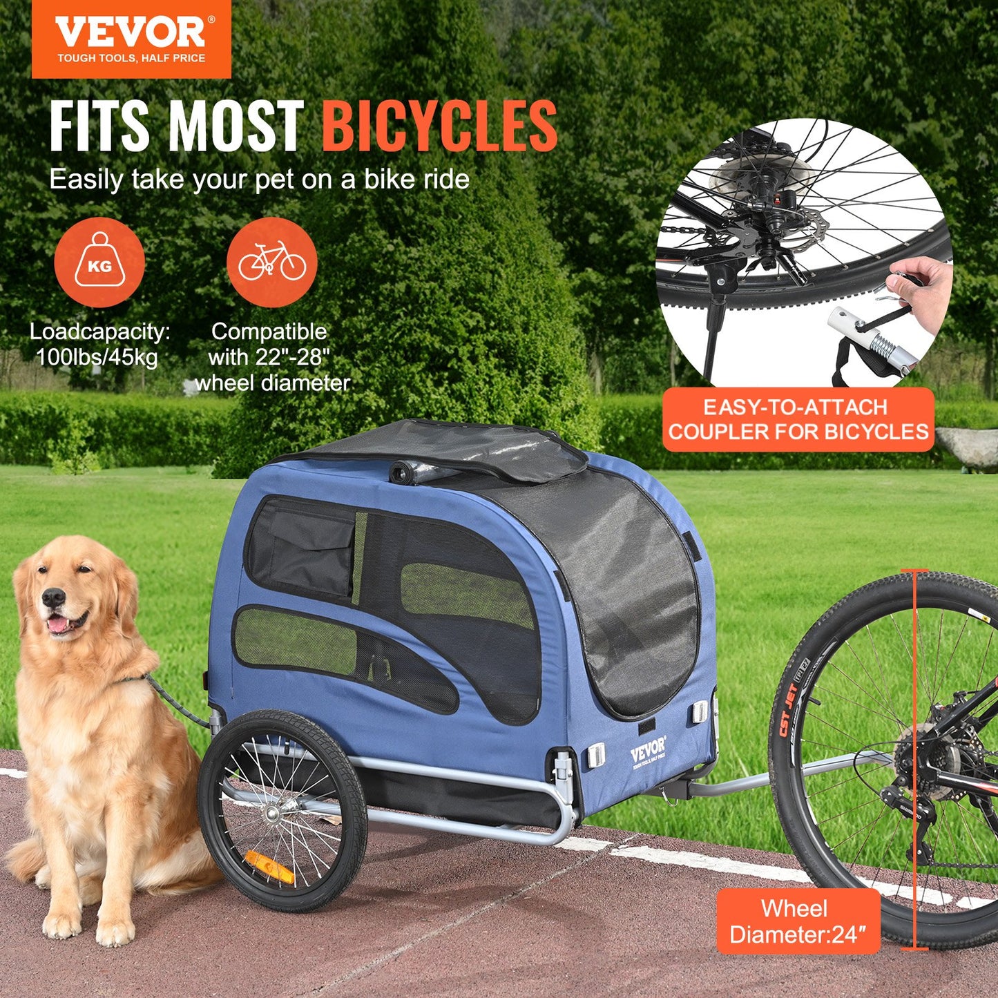 Fahrradanhänger für Hunde, trägt bis zu 45,4 kg, Fahrradträger für Haustiere, leicht zusammenklappbarer Rahmen mit Schnellspannrädern, universelle Fahrradkupplung, Reflektoren, Flagge, faltbar zur Aufbewahrung, blau/schwarz