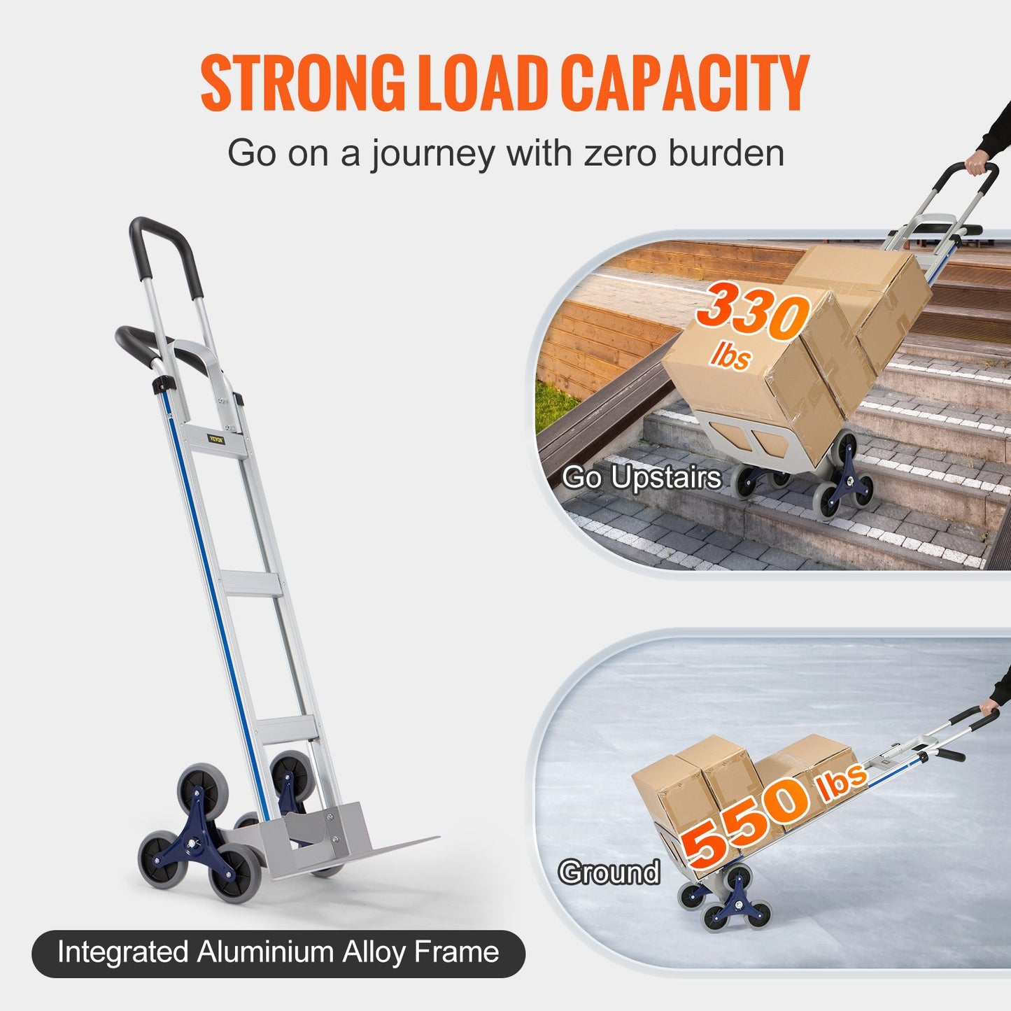 Stair Climbing Cart, 550 lbs Load Capacity, Aluminum Hand Truck with Dual Handles, Integrated Frame and Non-Slip Rubber Wheels, Multifunctional Stair Climber for Warehouse Airport