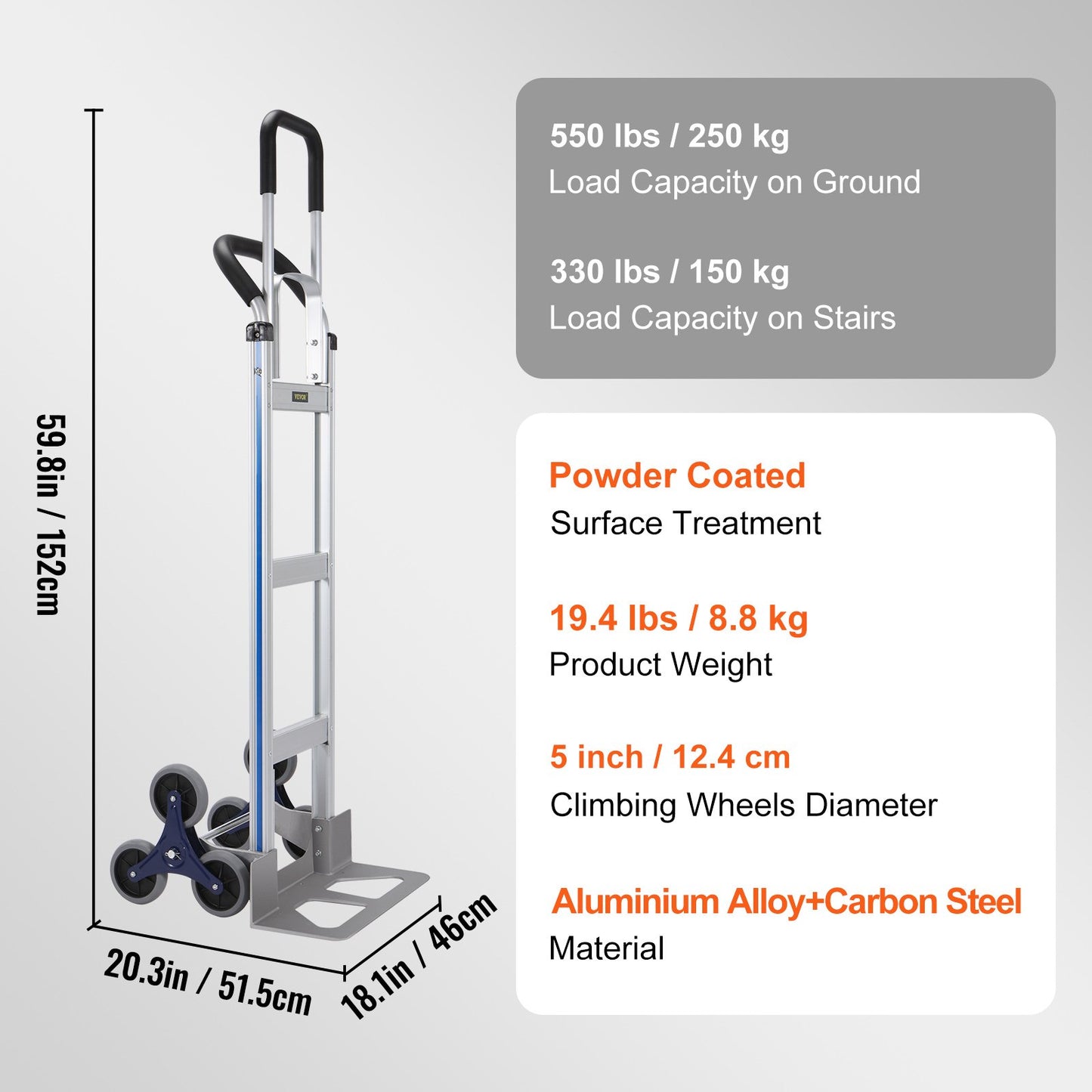 Stair Climbing Cart, 550 lbs Load Capacity, Aluminum Hand Truck with Dual Handles, Integrated Frame and Non-Slip Rubber Wheels, Multifunctional Stair Climber for Warehouse Airport