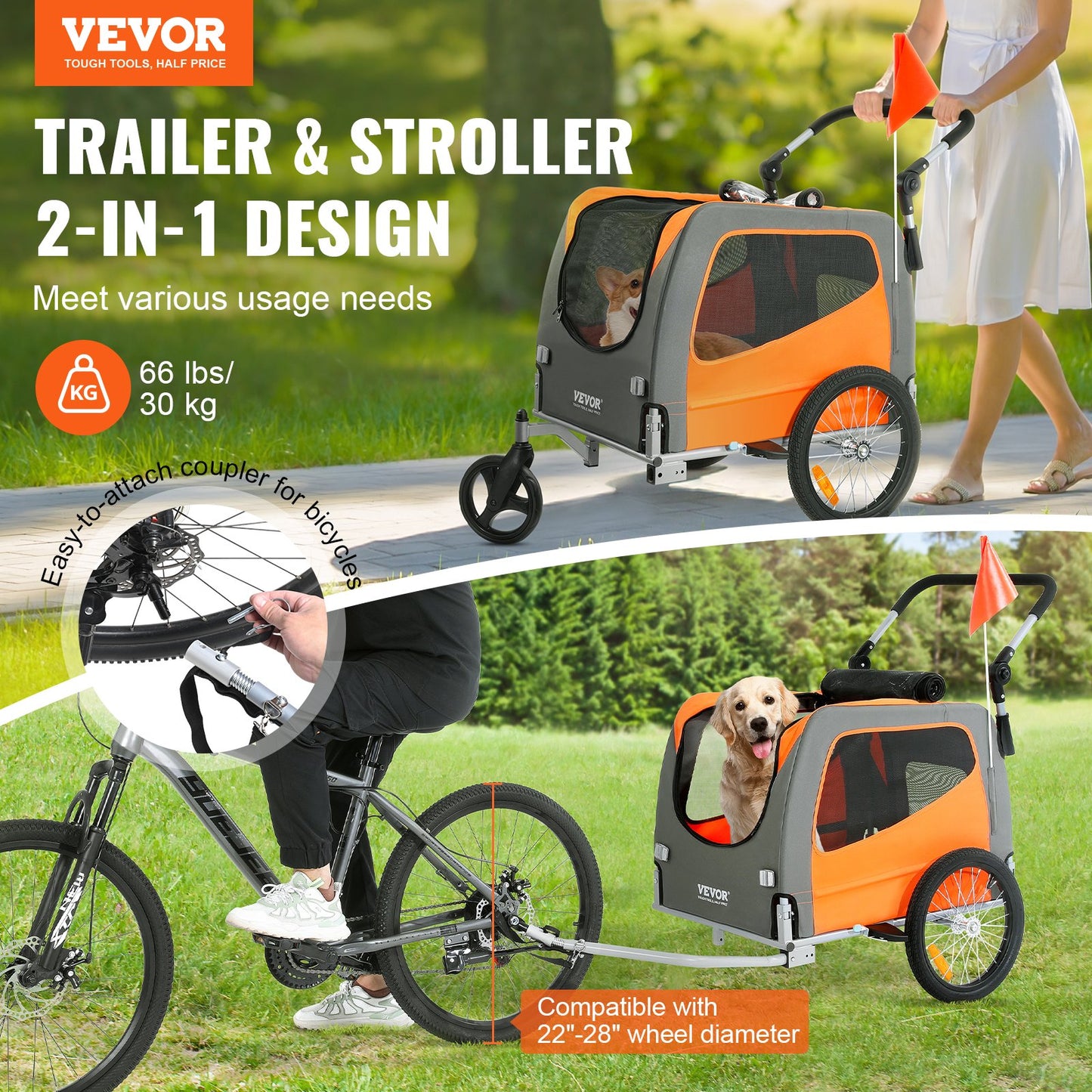 Hunde-Fahrradanhänger, unterstützt bis zu 30 kg, 2-in-1-Fahrradträger für Haustier-Kinderwagen, einfach zusammenklappbarer Wagenrahmen mit Schnellspannrädern, universelle Fahrradkupplung, Reflektoren, Flagge, Orange/Grau