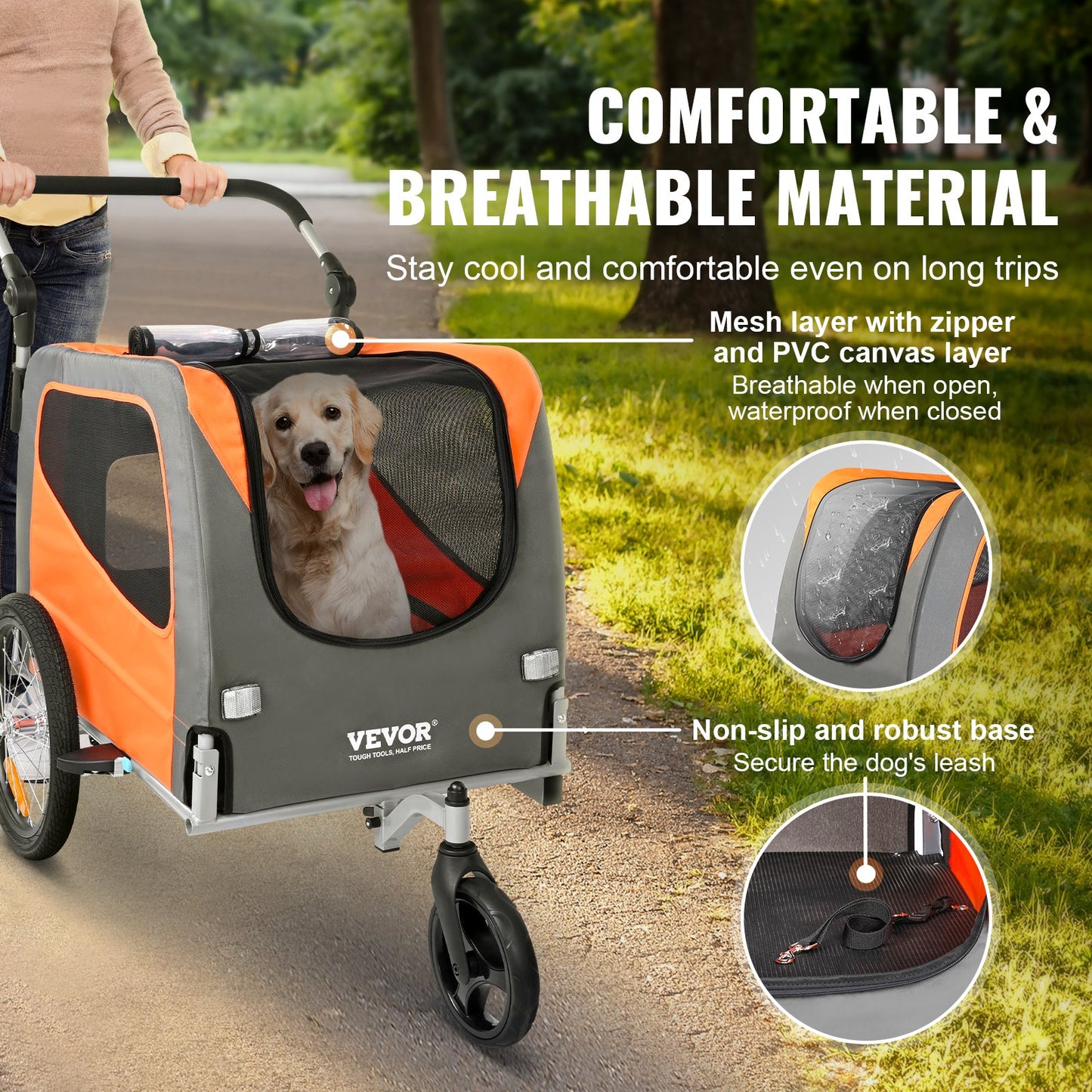 Hunde-Fahrradanhänger, unterstützt bis zu 30 kg, 2-in-1-Fahrradträger für Haustier-Kinderwagen, einfach zusammenklappbarer Wagenrahmen mit Schnellspannrädern, universelle Fahrradkupplung, Reflektoren, Flagge, Orange/Grau