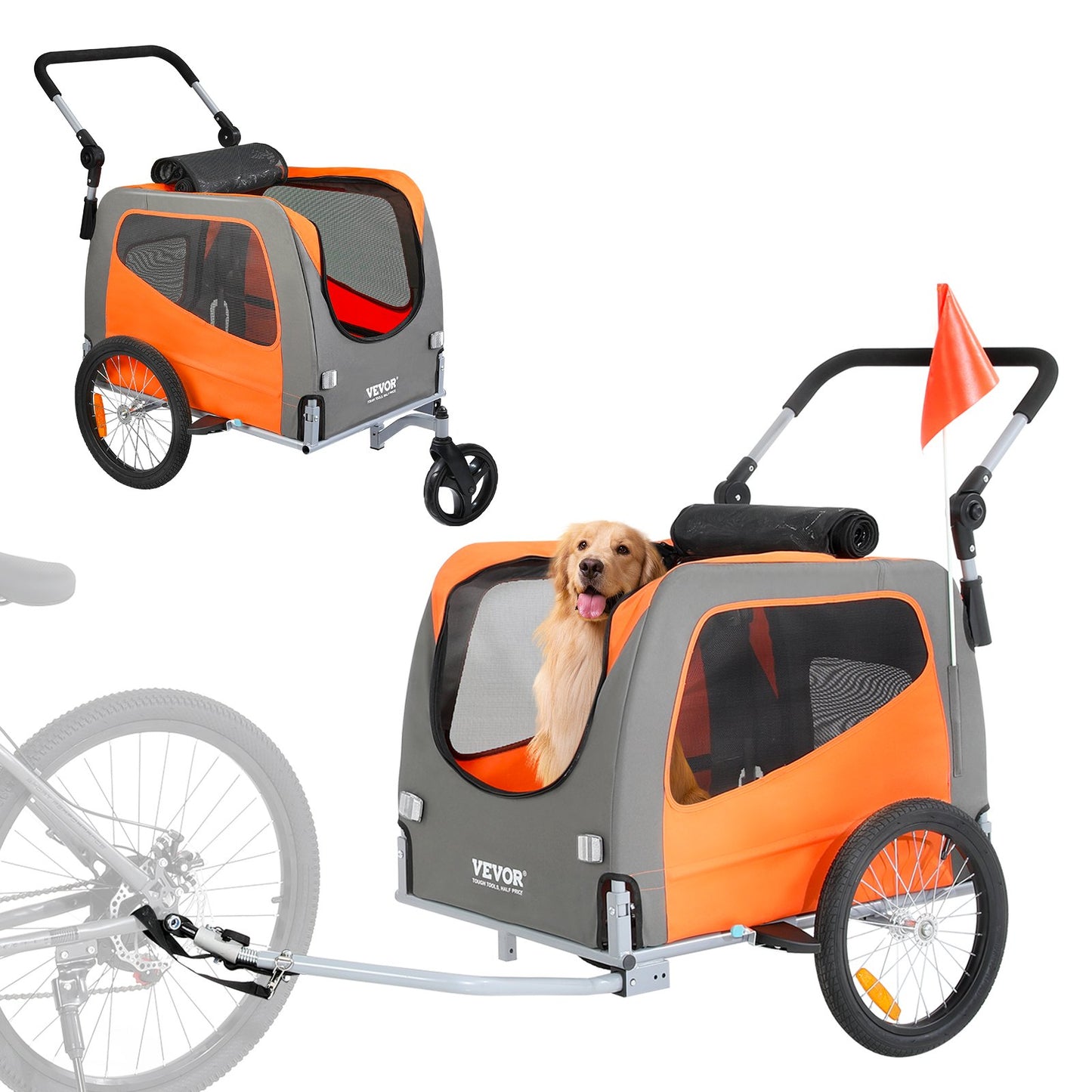 Hunde-Fahrradanhänger, unterstützt bis zu 30 kg, 2-in-1-Fahrradträger für Haustier-Kinderwagen, einfach zusammenklappbarer Wagenrahmen mit Schnellspannrädern, universelle Fahrradkupplung, Reflektoren, Flagge, Orange/Grau