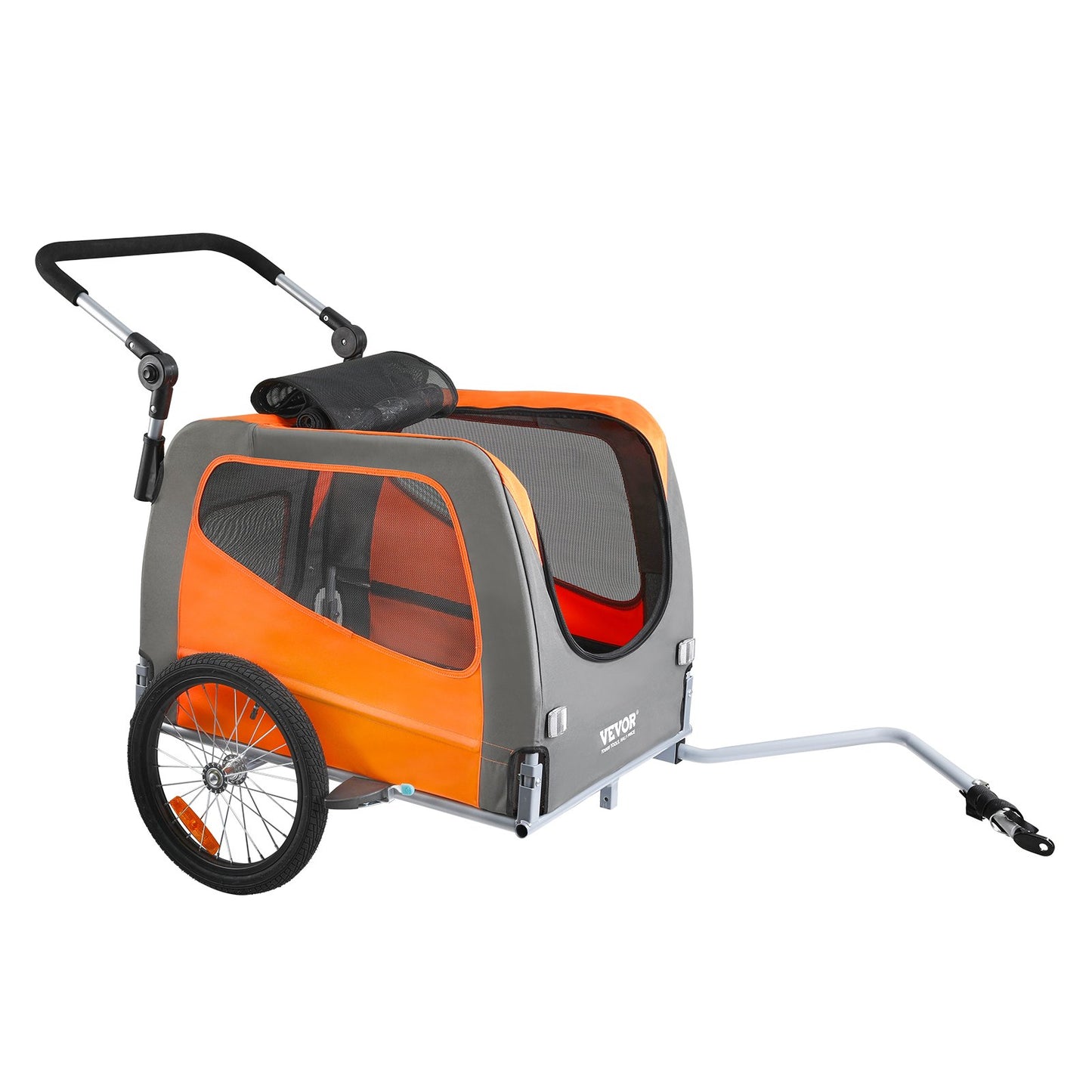 Hunde-Fahrradanhänger, unterstützt bis zu 30 kg, 2-in-1-Fahrradträger für Haustier-Kinderwagen, einfach zusammenklappbarer Wagenrahmen mit Schnellspannrädern, universelle Fahrradkupplung, Reflektoren, Flagge, Orange/Grau