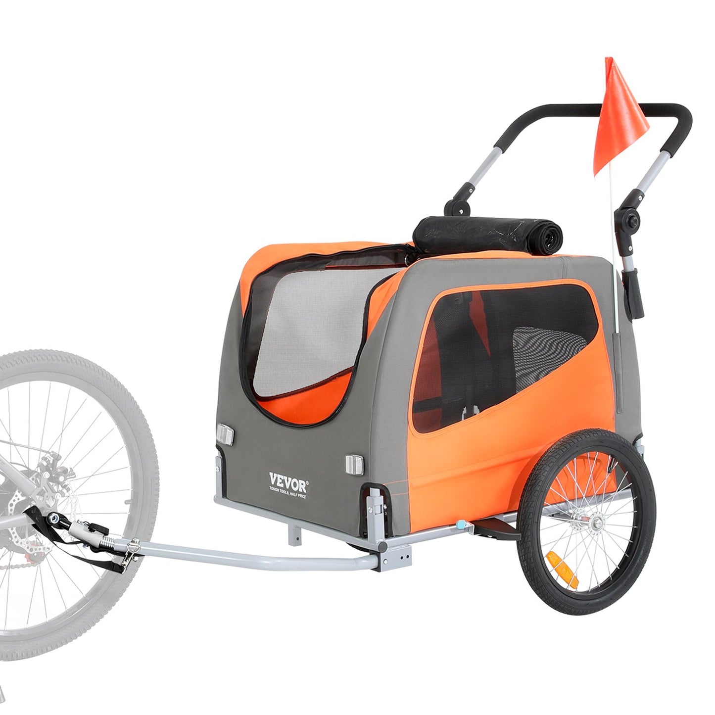 Hunde-Fahrradanhänger, unterstützt bis zu 30 kg, 2-in-1-Fahrradträger für Haustier-Kinderwagen, einfach zusammenklappbarer Wagenrahmen mit Schnellspannrädern, universelle Fahrradkupplung, Reflektoren, Flagge, Orange/Grau