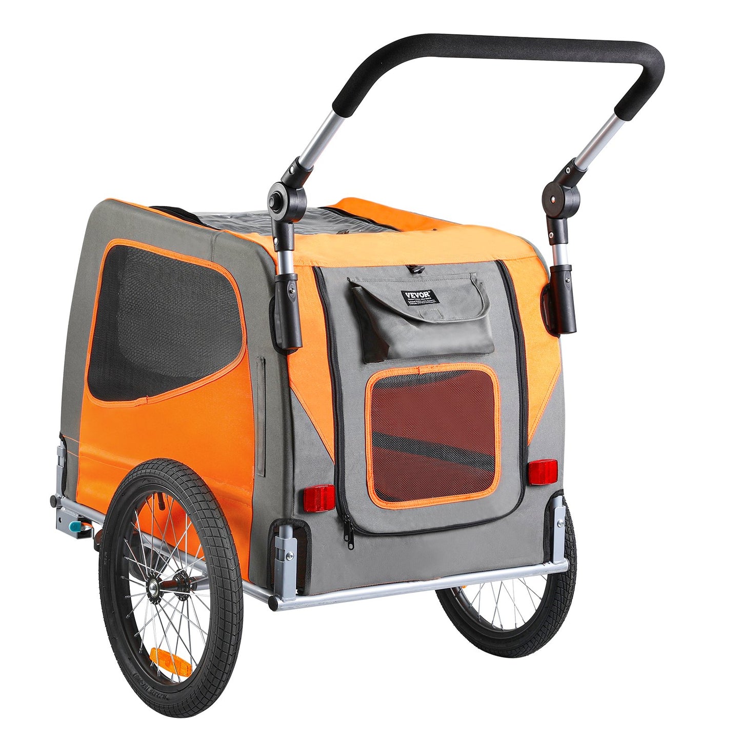 Hunde-Fahrradanhänger, unterstützt bis zu 30 kg, 2-in-1-Fahrradträger für Haustier-Kinderwagen, einfach zusammenklappbarer Wagenrahmen mit Schnellspannrädern, universelle Fahrradkupplung, Reflektoren, Flagge, Orange/Grau