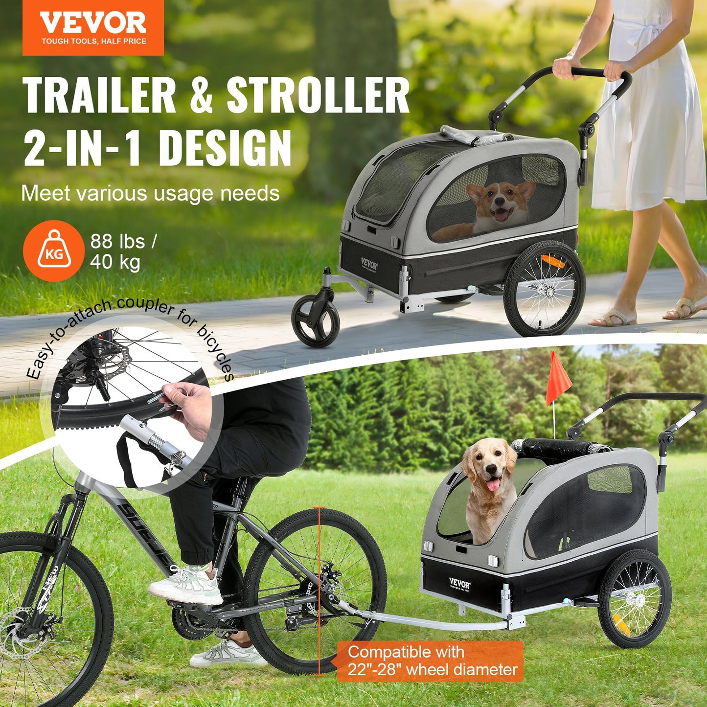 Hundcykelvagn, Stöder upp till 88 lbs, 2-i-1 Pet Stroller Cart Cykelhållare, Enkel hopfällbar vagnram med snabbkopplingshjul, Universal Cykelkoppling, Reflexer, Flagga, Svart/Grå