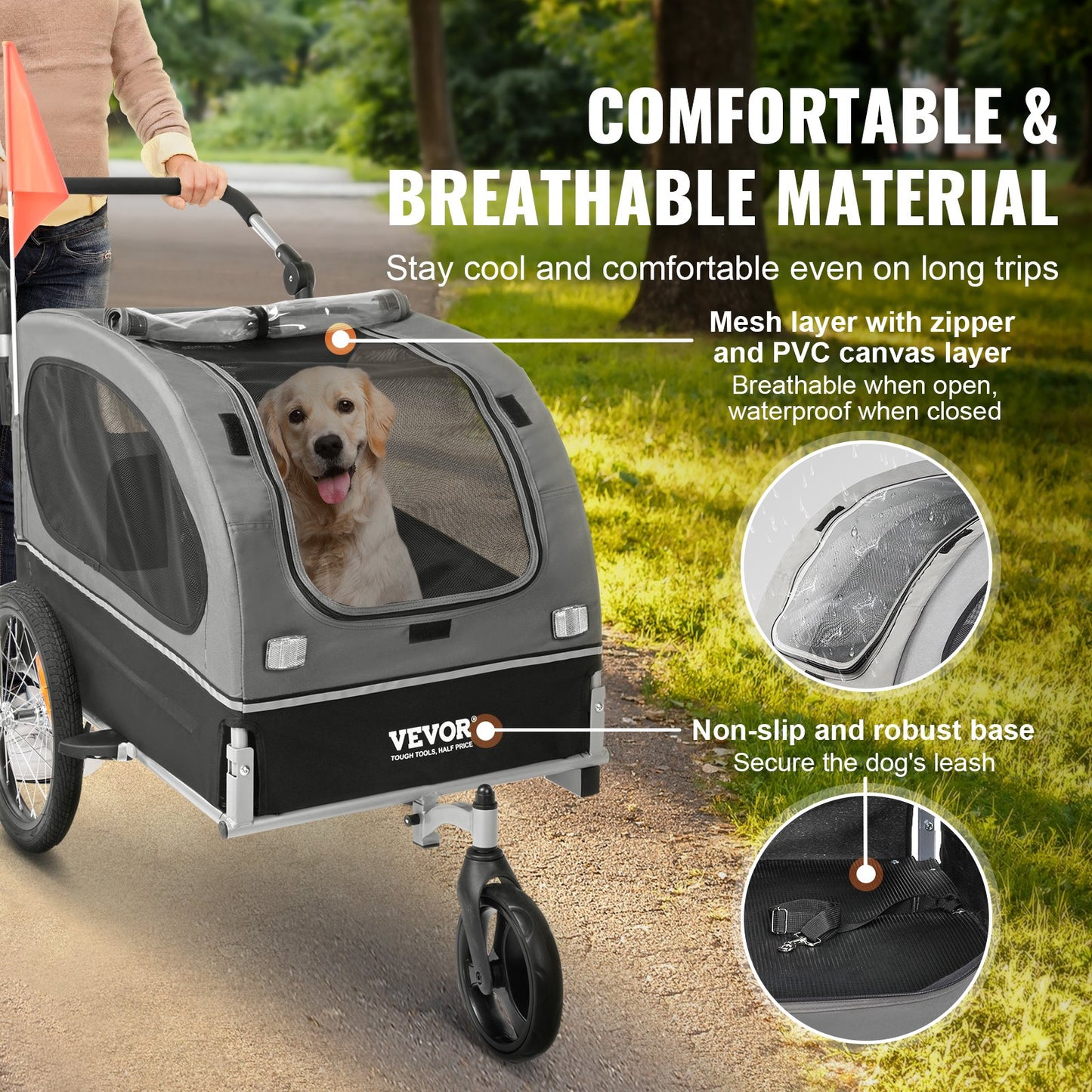 Hundcykelvagn, Stöder upp till 88 lbs, 2-i-1 Pet Stroller Cart Cykelhållare, Enkel hopfällbar vagnram med snabbkopplingshjul, Universal Cykelkoppling, Reflexer, Flagga, Svart/Grå