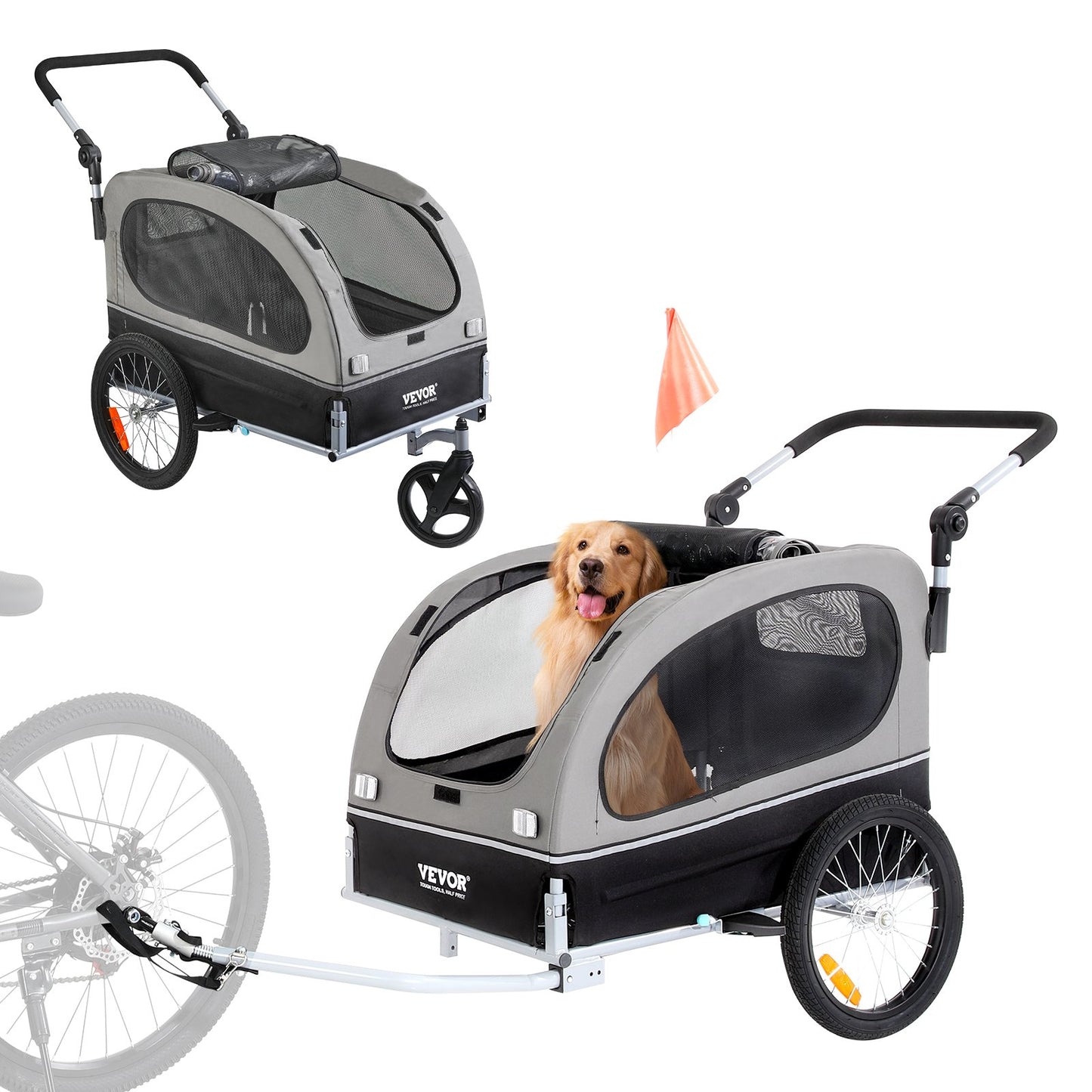 Hundcykelvagn, Stöder upp till 88 lbs, 2-i-1 Pet Stroller Cart Cykelhållare, Enkel hopfällbar vagnram med snabbkopplingshjul, Universal Cykelkoppling, Reflexer, Flagga, Svart/Grå
