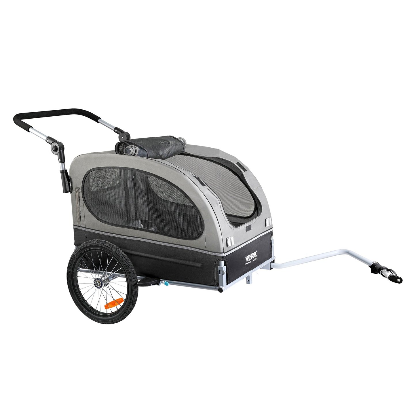 Hundcykelvagn, Stöder upp till 88 lbs, 2-i-1 Pet Stroller Cart Cykelhållare, Enkel hopfällbar vagnram med snabbkopplingshjul, Universal Cykelkoppling, Reflexer, Flagga, Svart/Grå