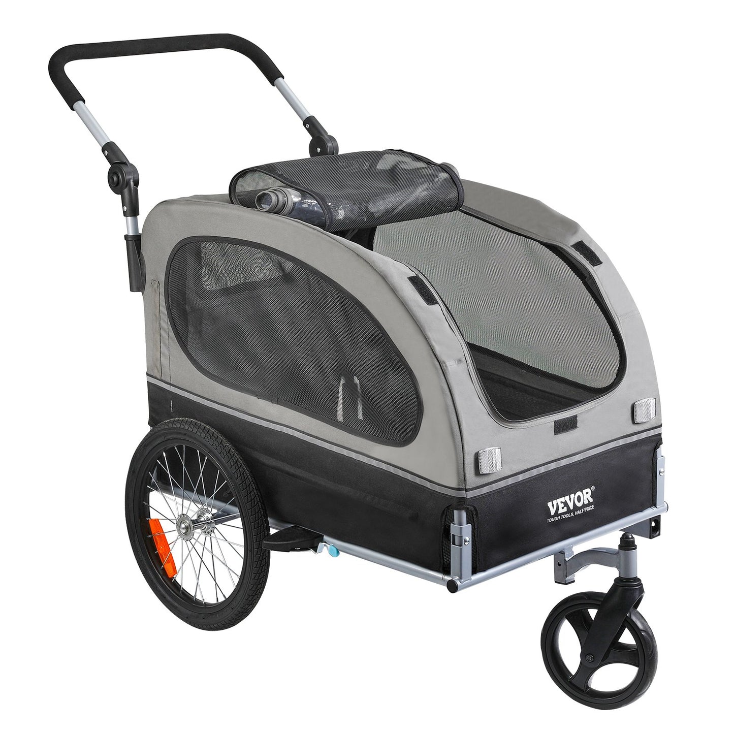 Hundcykelvagn, Stöder upp till 88 lbs, 2-i-1 Pet Stroller Cart Cykelhållare, Enkel hopfällbar vagnram med snabbkopplingshjul, Universal Cykelkoppling, Reflexer, Flagga, Svart/Grå