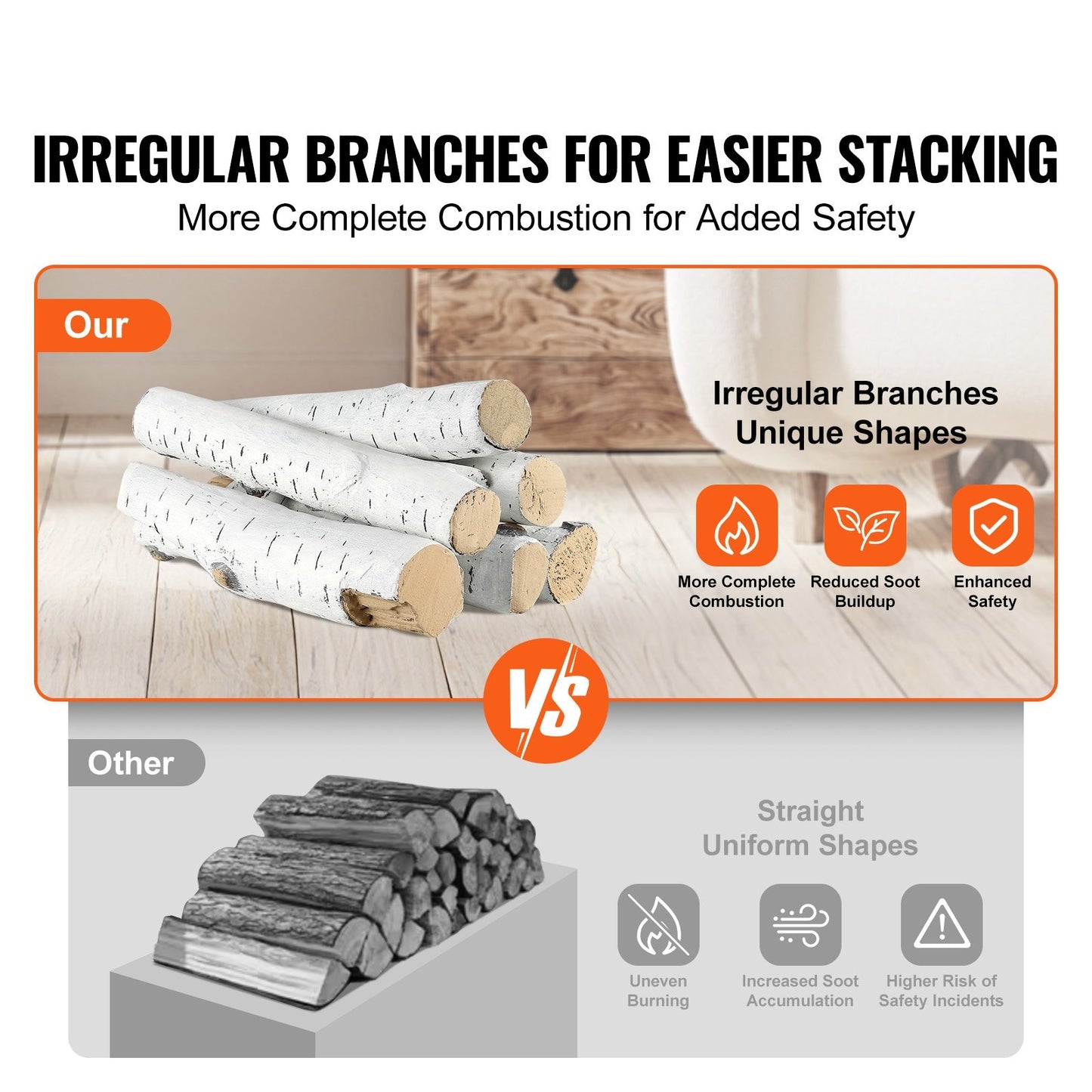 6 pcs Large with birch logs, gas fired ceramic firewood for fireplace, heat resistant firewood logs Gas realistic firewood, stackable firewood branches for gas fired stove, fire bowl indoor or outdoor