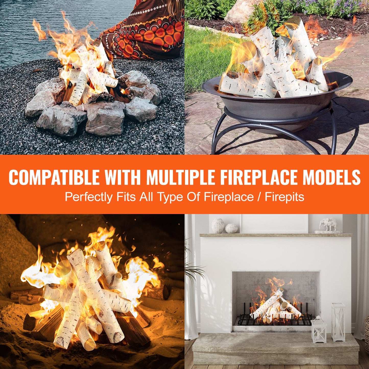 6 pcs Large with birch logs, gas fired ceramic firewood for fireplace, heat resistant firewood logs Gas realistic firewood, stackable firewood branches for gas fired stove, fire bowl indoor or outdoor
