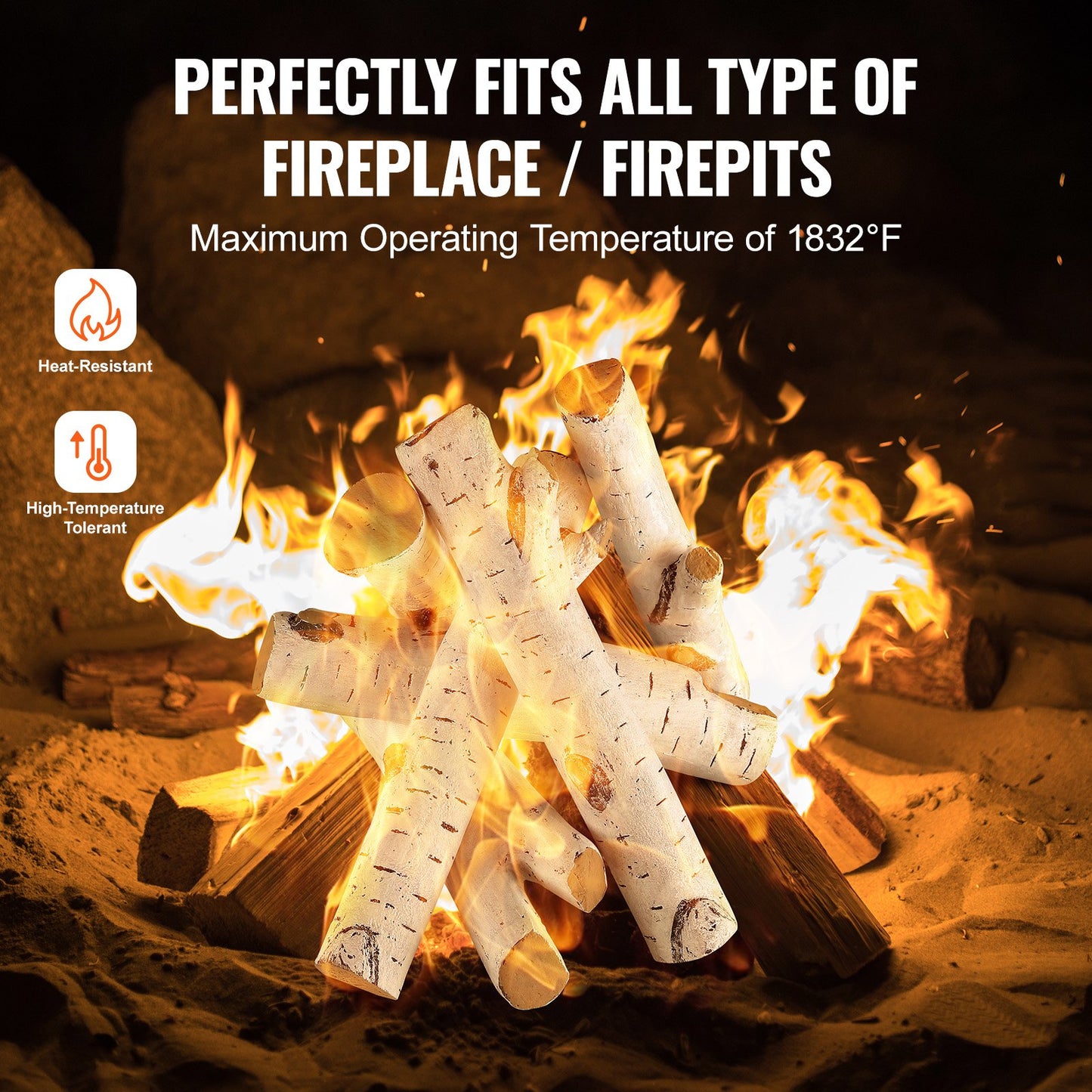 6 pcs Large with birch logs, gas fired ceramic firewood for fireplace, heat resistant firewood logs Gas realistic firewood, stackable firewood branches for gas fired stove, fire bowl indoor or outdoor