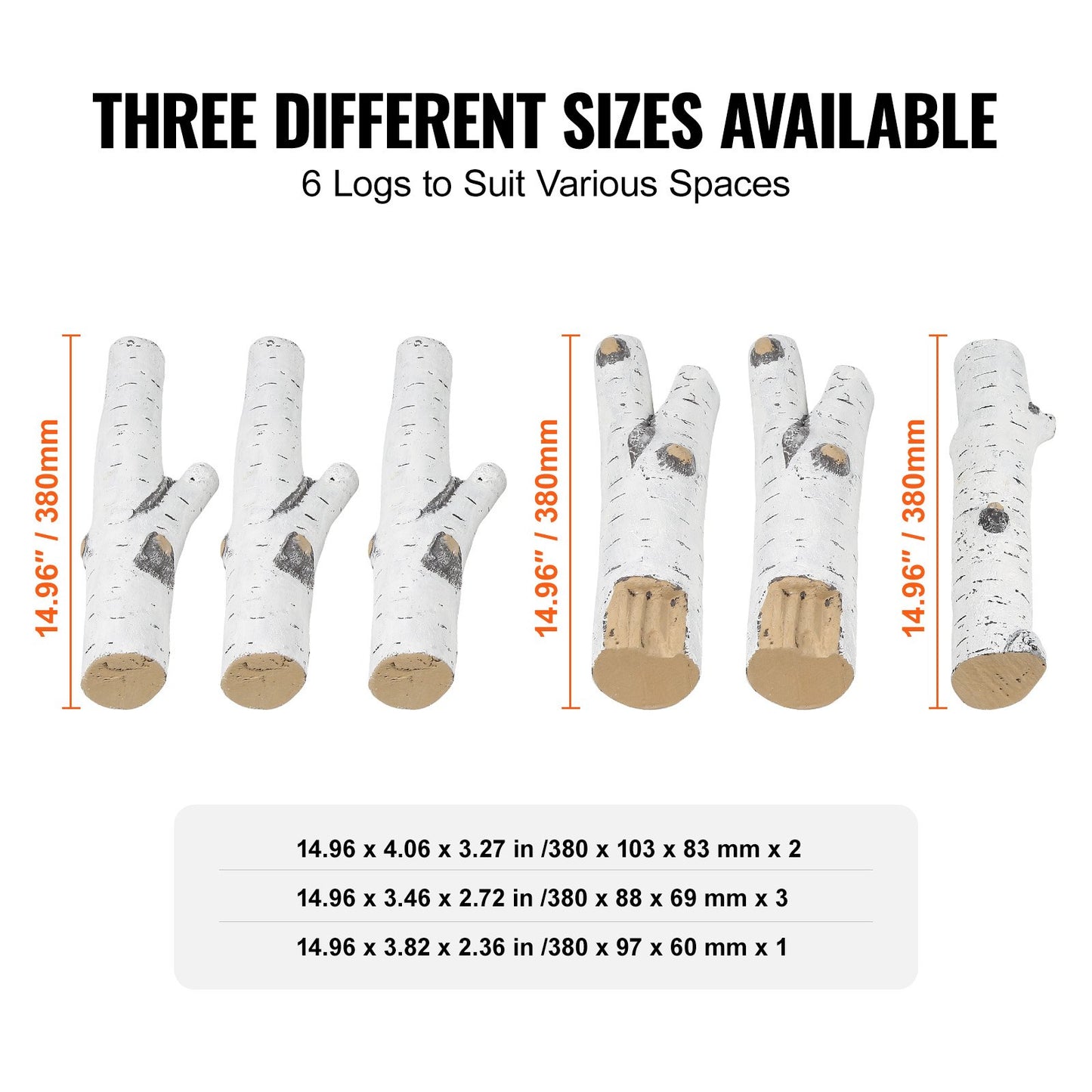 6 pcs Large with birch logs, gas fired ceramic firewood for fireplace, heat resistant firewood logs Gas realistic firewood, stackable firewood branches for gas fired stove, fire bowl indoor or outdoor