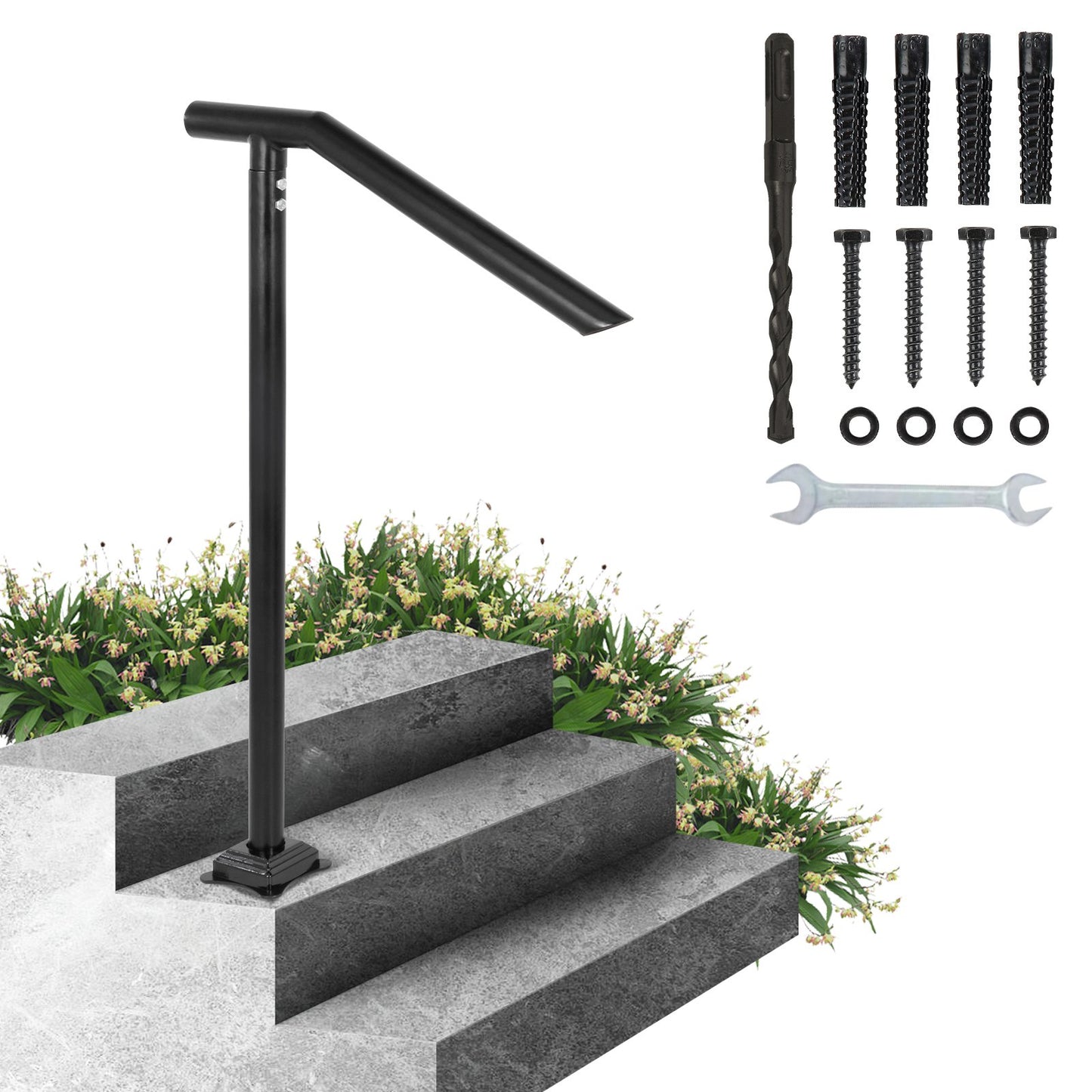 Handlauf, 1–3 Stufen, schwarzes Stahlgeländer für Stufen, 150 kg Tragkraft, Treppenhandlauf, rückseitig lackierter Metallhandlauf für Treppen, stilvolle Handläufe für Außenstufen mit Dehnschrauben und Bohrer