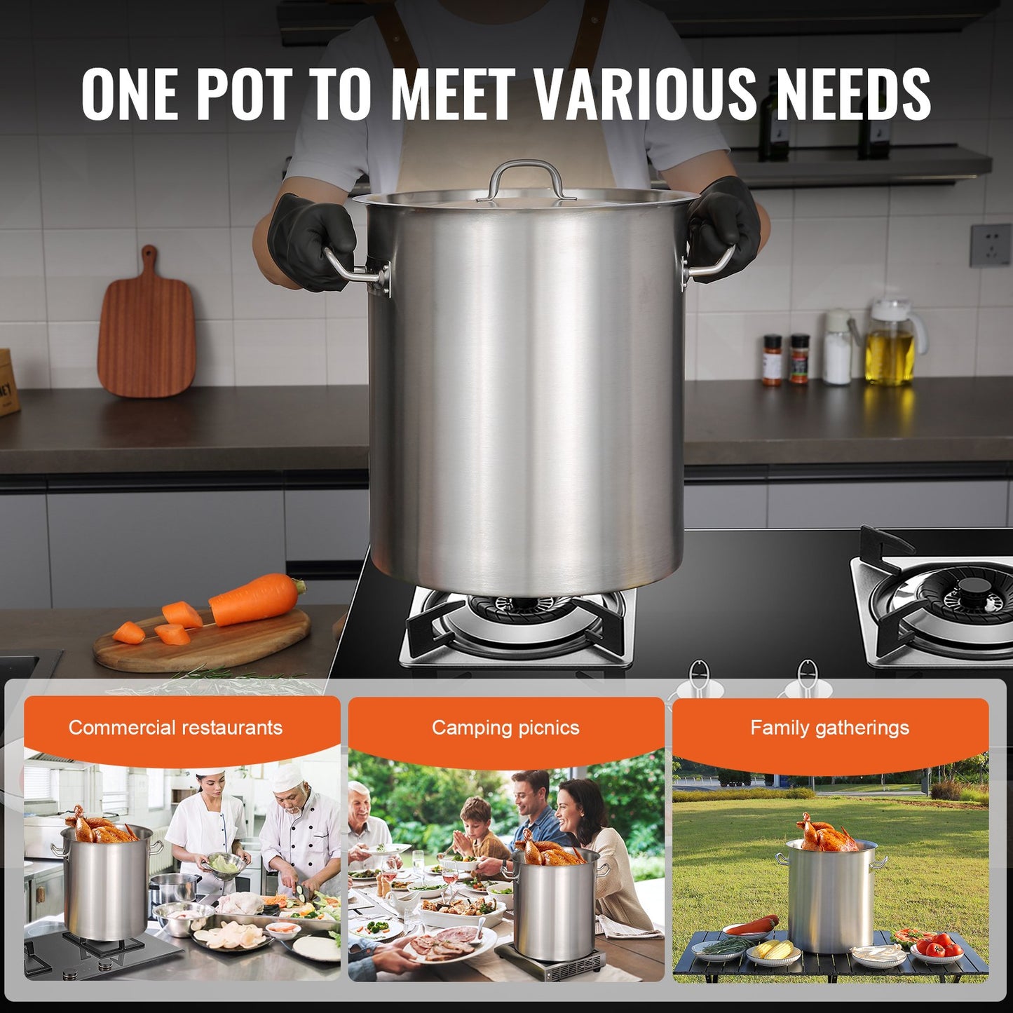 Stockpot i rostfritt stål, 42 quarts stora kokkärl, såsgryta för flera användningsområden med lock och handtag, kraftig lagerkanna för kommersiell kvalitet, slipbehandling, för stora grupper Events Silver