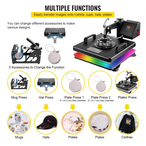 Heat Press 5 in 1 Heat Press Machine 38x38cm Heat Transfer Press 15x15Inch T-shirt Press Multifunctional Sublimation Machine for T-shirt Mug Hat Plate Transfer | EU