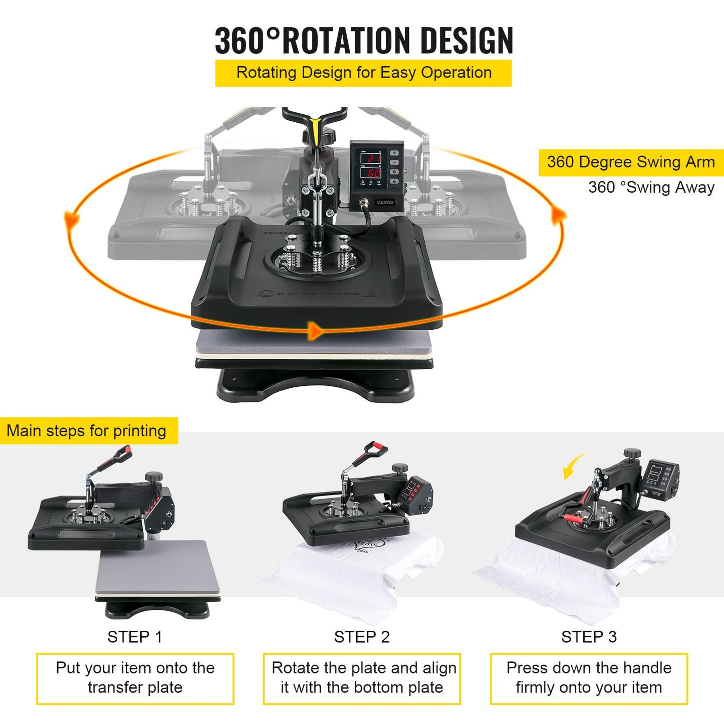 Heat Press Machine 15 x 15 Inch 8 In 1 Heat Press 1000W Sublimeringsmaskin 360° Rotation Swing Away Heat Press 8 In 1 Skjorta Tryckmaskin Dual-Tube Uppvärmning för DIY T-shirts Kepsmuggar (svart)
