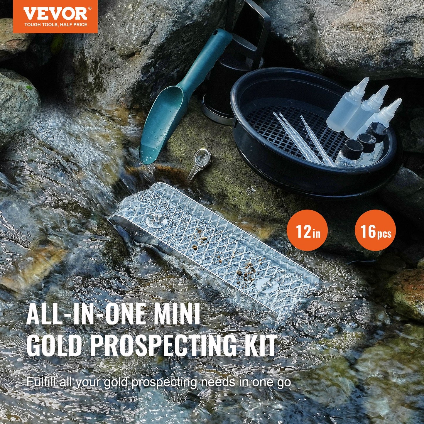 Gold Panning Kit med Mini Sluice Box, 12" Aluminium Gold Mining Utrustning, 16 ST Gold Prospecting Kit med Gold Pan, Classifier Screen, Separeringsmagnet, Dragsko Ryggsäck och tillbehör