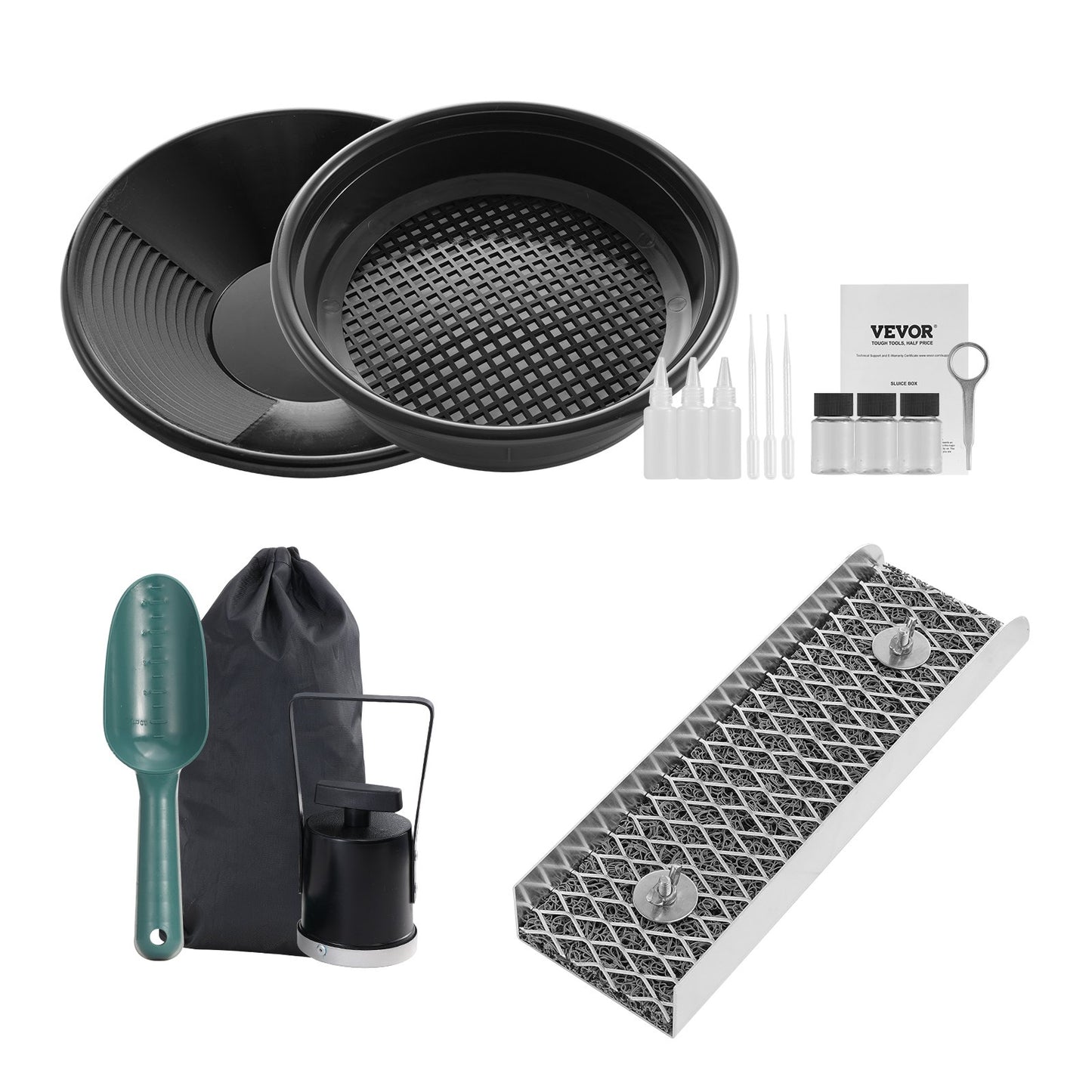 Gold Panning Kit med Mini Sluice Box, 12" Aluminium Gold Mining Utrustning, 16 ST Gold Prospecting Kit med Gold Pan, Classifier Screen, Separeringsmagnet, Dragsko Ryggsäck och tillbehör