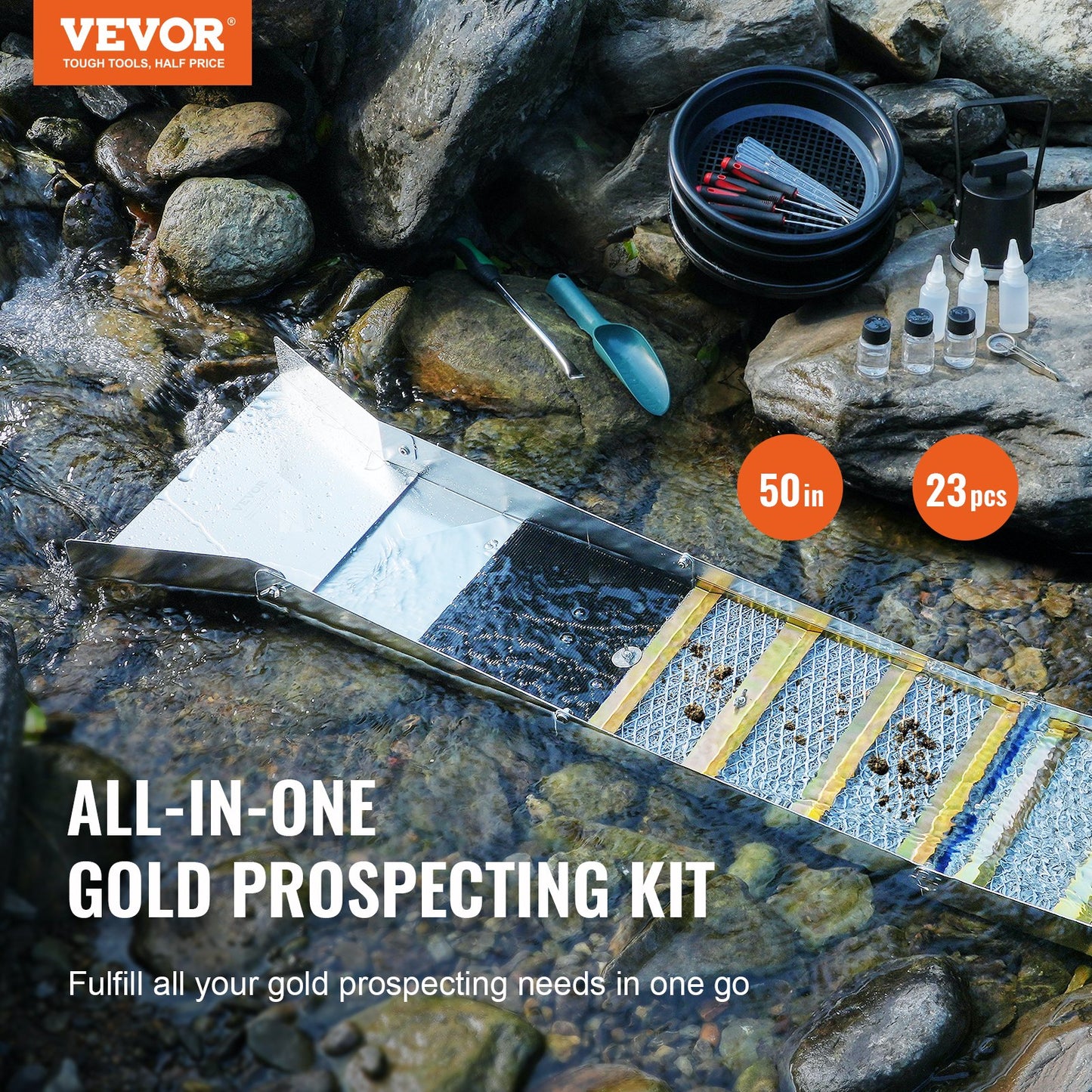 Gold Panning Kit with Sluice Box, 50" Aluminum Gold Mining Equipment, 23 STS Gold Prospecting Kit with Gold Pan, Classifier Screen, Separations Magnet, Drawstring Backpack and Accessories