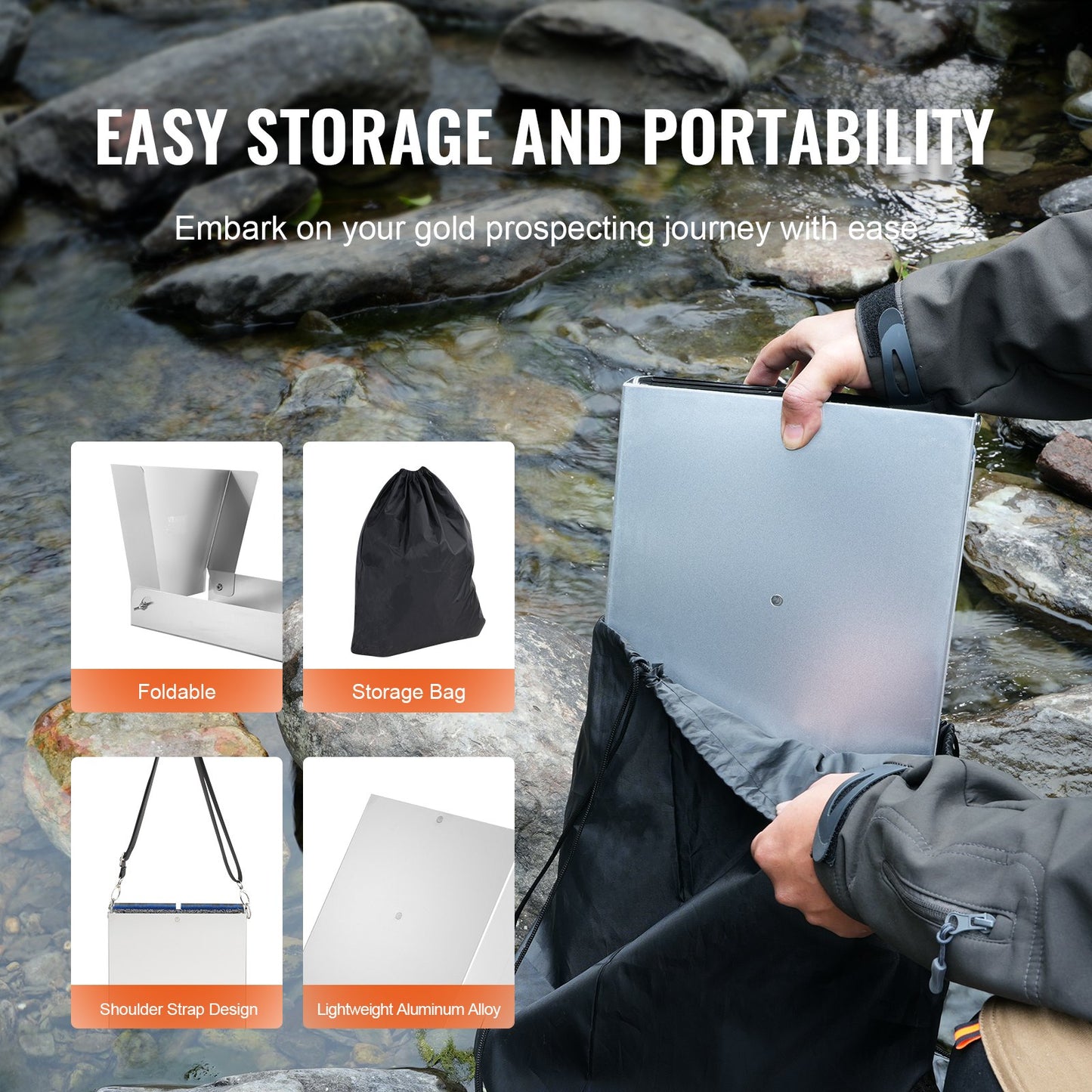 Gold Panning Kit with Sluice Box, 50" Aluminum Gold Mining Equipment, 23 STS Gold Prospecting Kit with Gold Pan, Classifier Screen, Separations Magnet, Drawstring Backpack and Accessories