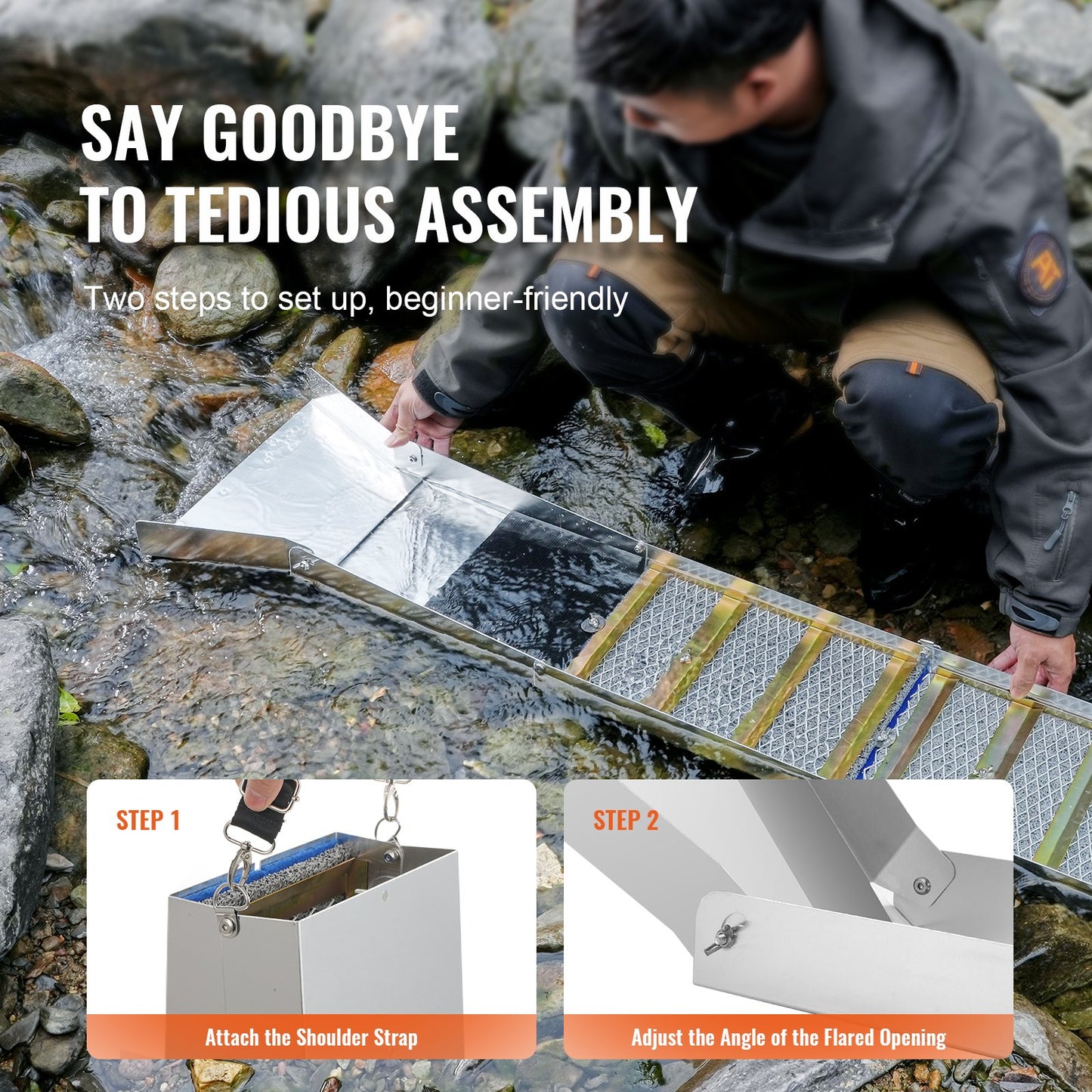 Gold Panning Kit with Sluice Box, 50" Aluminum Gold Mining Equipment, 23 STS Gold Prospecting Kit with Gold Pan, Classifier Screen, Separations Magnet, Drawstring Backpack and Accessories
