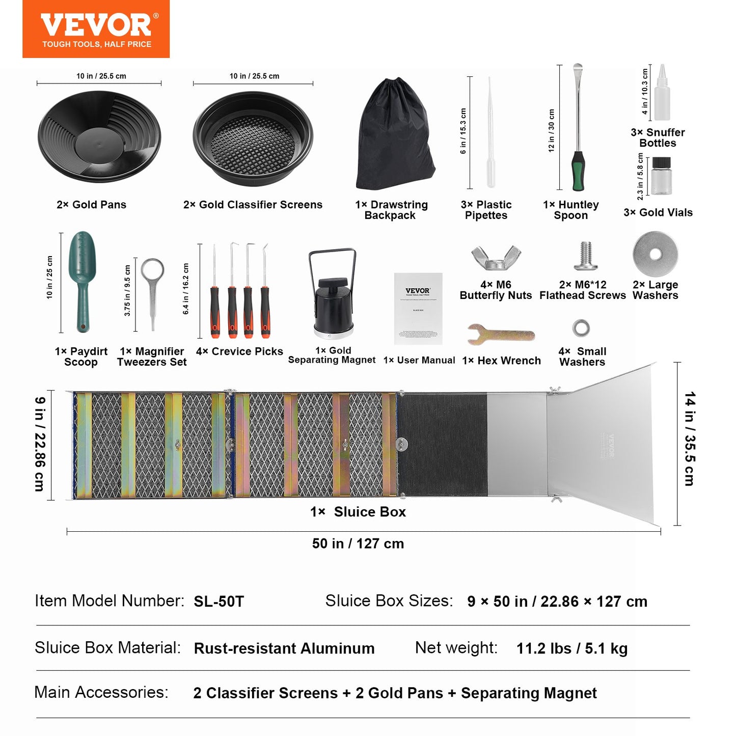 Gold Panning Kit with Sluice Box, 50" Aluminum Gold Mining Equipment, 23 STS Gold Prospecting Kit with Gold Pan, Classifier Screen, Separations Magnet, Drawstring Backpack and Accessories
