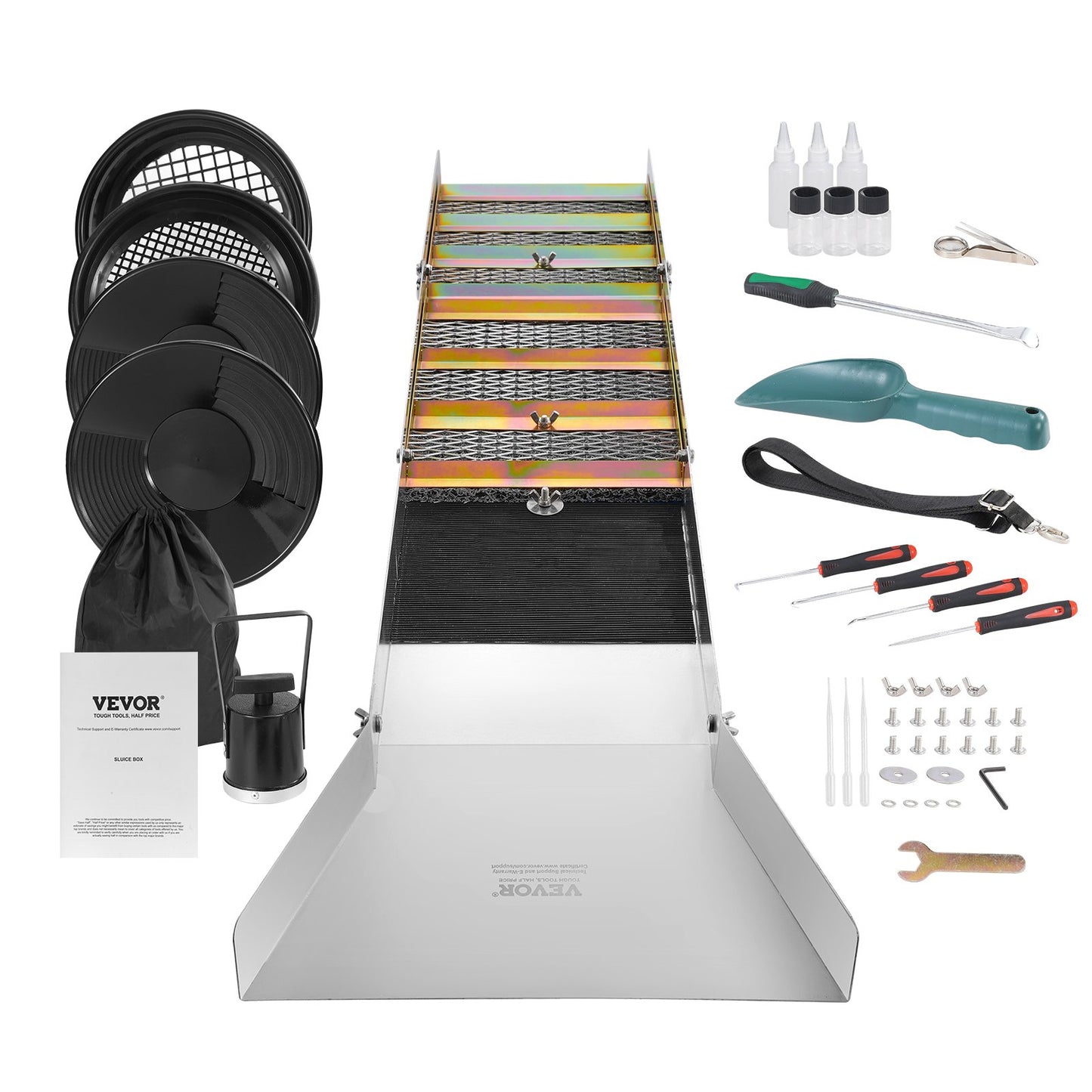 Gold Panning Kit with Sluice Box, 50" Aluminum Gold Mining Equipment, 23 STS Gold Prospecting Kit with Gold Pan, Classifier Screen, Separations Magnet, Drawstring Backpack and Accessories