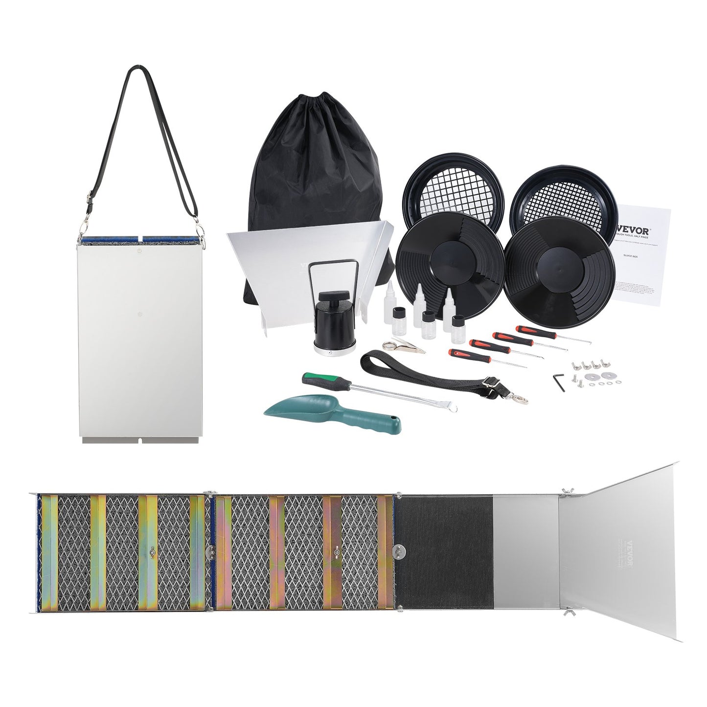 Gold Panning Kit with Sluice Box, 50" Aluminum Gold Mining Equipment, 23 STS Gold Prospecting Kit with Gold Pan, Classifier Screen, Separations Magnet, Drawstring Backpack and Accessories