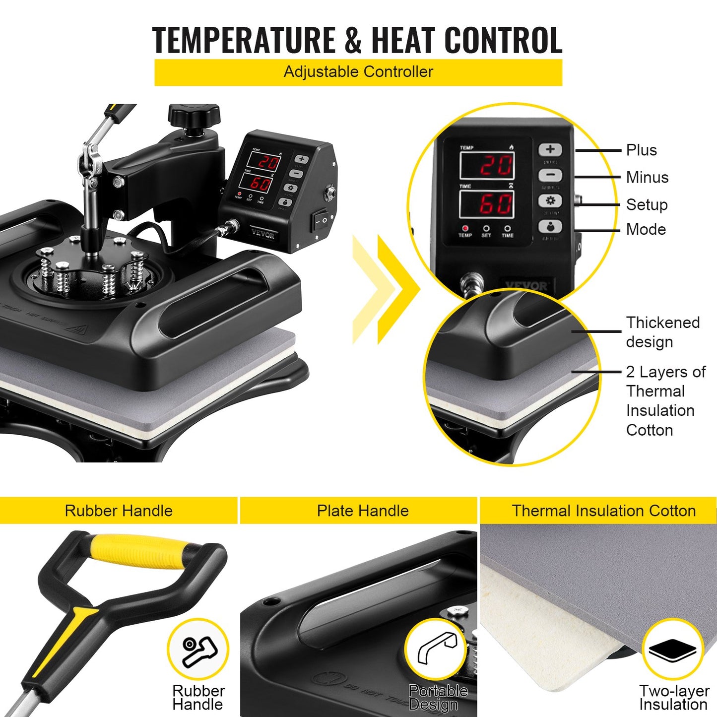 Wärmepresse 12 x 15 Zoll 6-in-1-Wärmepresse 360°-Drehung Schwenkbare Wärmepresse 1000-W-Sublimationsmaschine 6-in-1-Schwarzhemd-Druckmaschine Doppelrohrheizung für DIY-Tassen, Kappen, T-Shirts