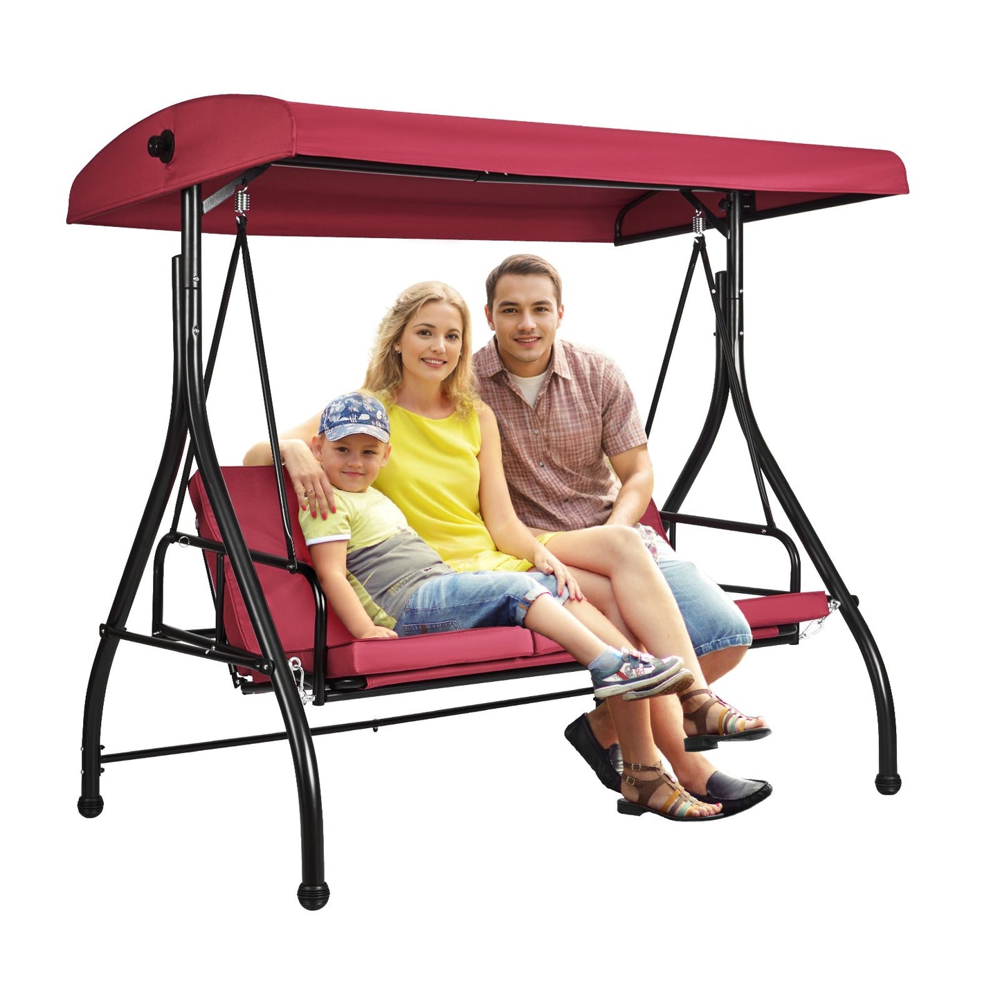 3-Seater Patio Rocking Chair, Converting Canopy Swing, Outdoor Patio Porch with Adjustable Canopy, Removable Thick Cushion and Alloy Steel Frame, for Balcony, Backyard, Poolside, Burgundy