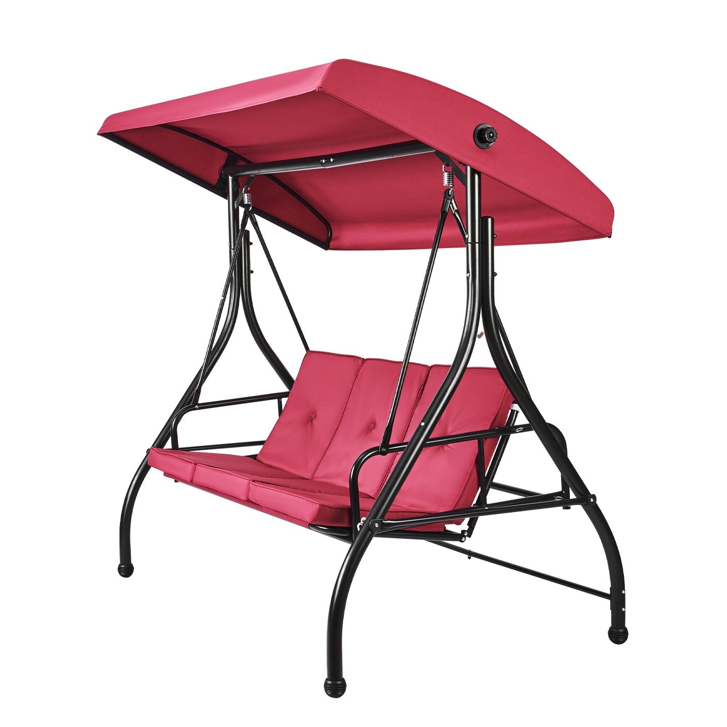 3-Seater Patio Rocking Chair, Converting Canopy Swing, Outdoor Patio Porch with Adjustable Canopy, Removable Thick Cushion and Alloy Steel Frame, for Balcony, Backyard, Poolside, Burgundy
