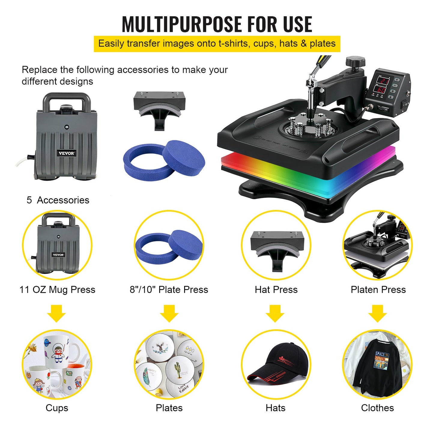 Wärmepresse 15 x 15 Zoll 360°-Drehung Schwenkbare schwarze Wärmepresse 5-in-1-Shirt-Druckmaschine 5-in-1-Wärmepresse 1000-W-Sublimationsmaschine Doppelrohrheizung für DIY-Kappenteller Tassen