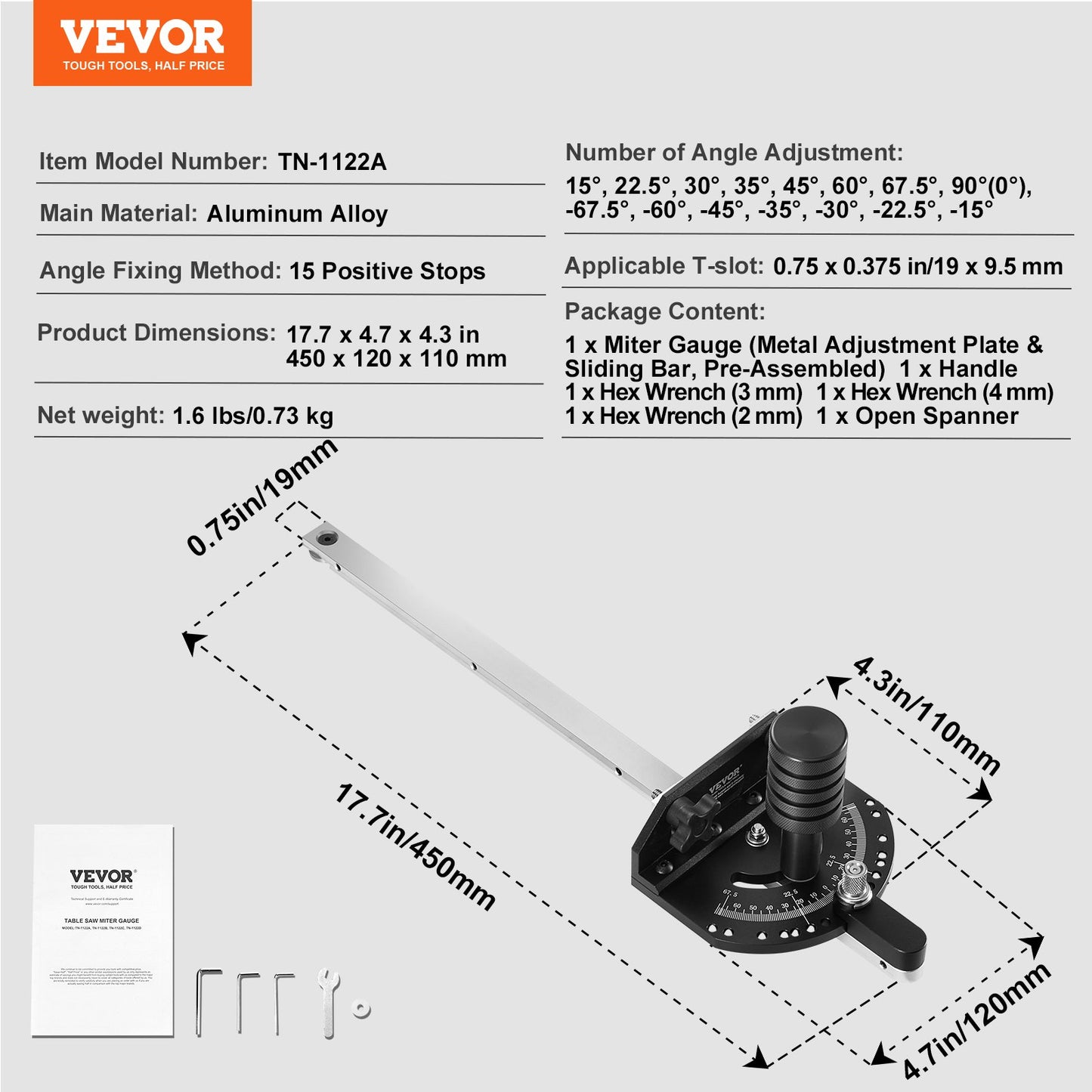 Precisionsgeringsmätare, standardspår 3/4'' x 3/8'', aluminiumlegeringsbordssåg Geringsmätare med 15 vinkelstopp justerbar fjäderbelastad kolv och avtagbar skiva, för bordssåg för träbearbetning